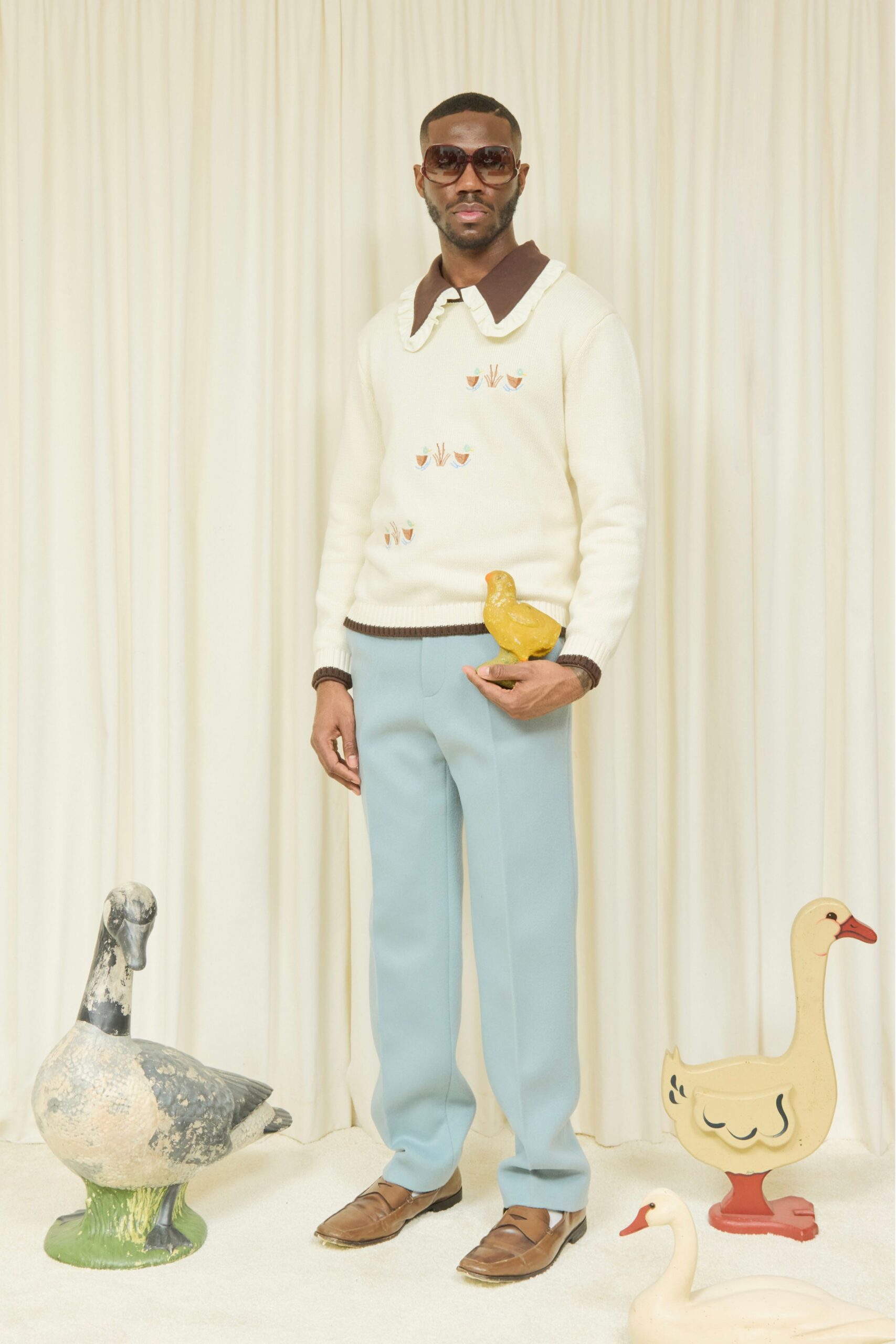 blue cotton tailored straight-leg pants