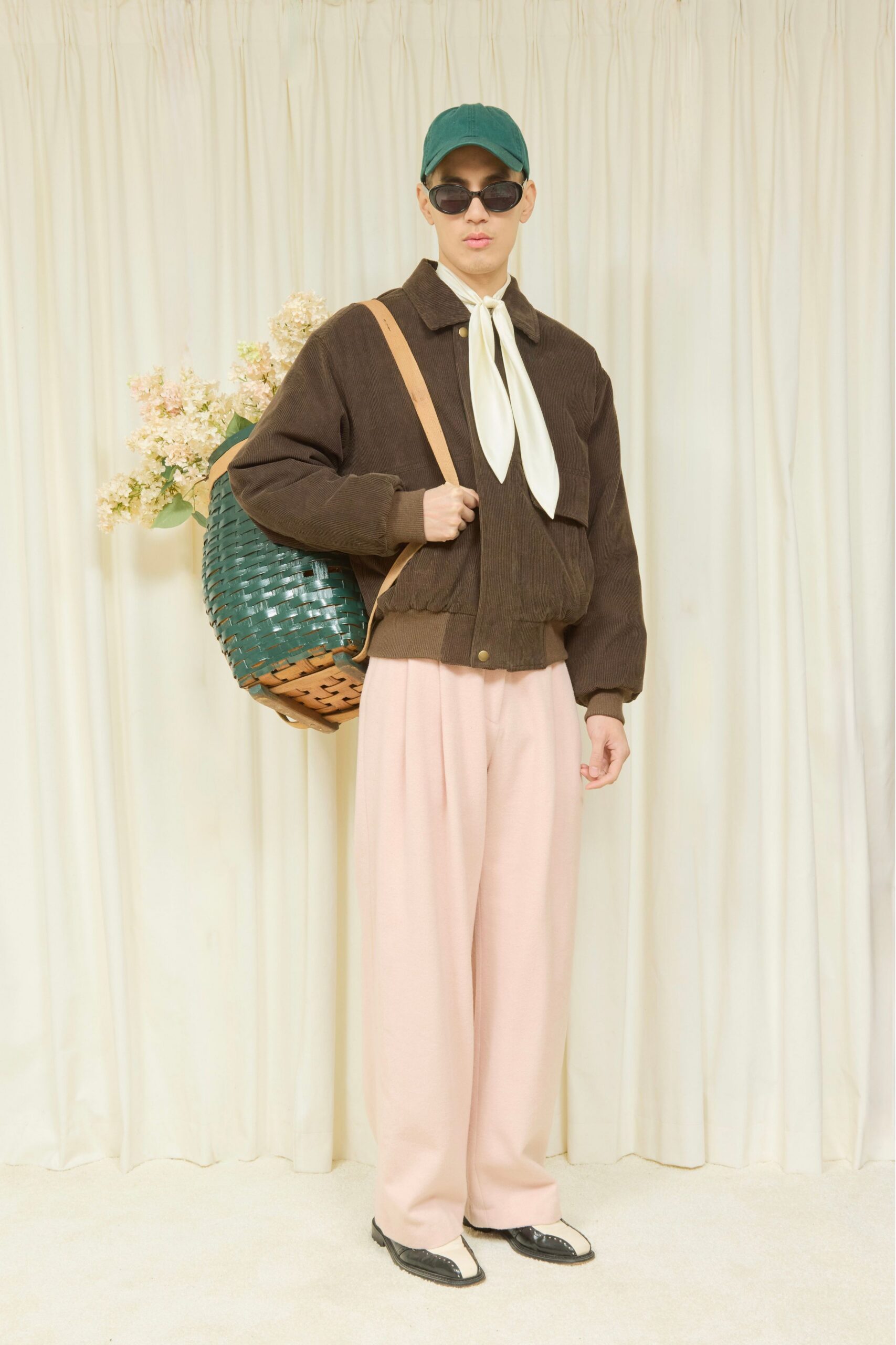 brown relaxed jacket with pink pants