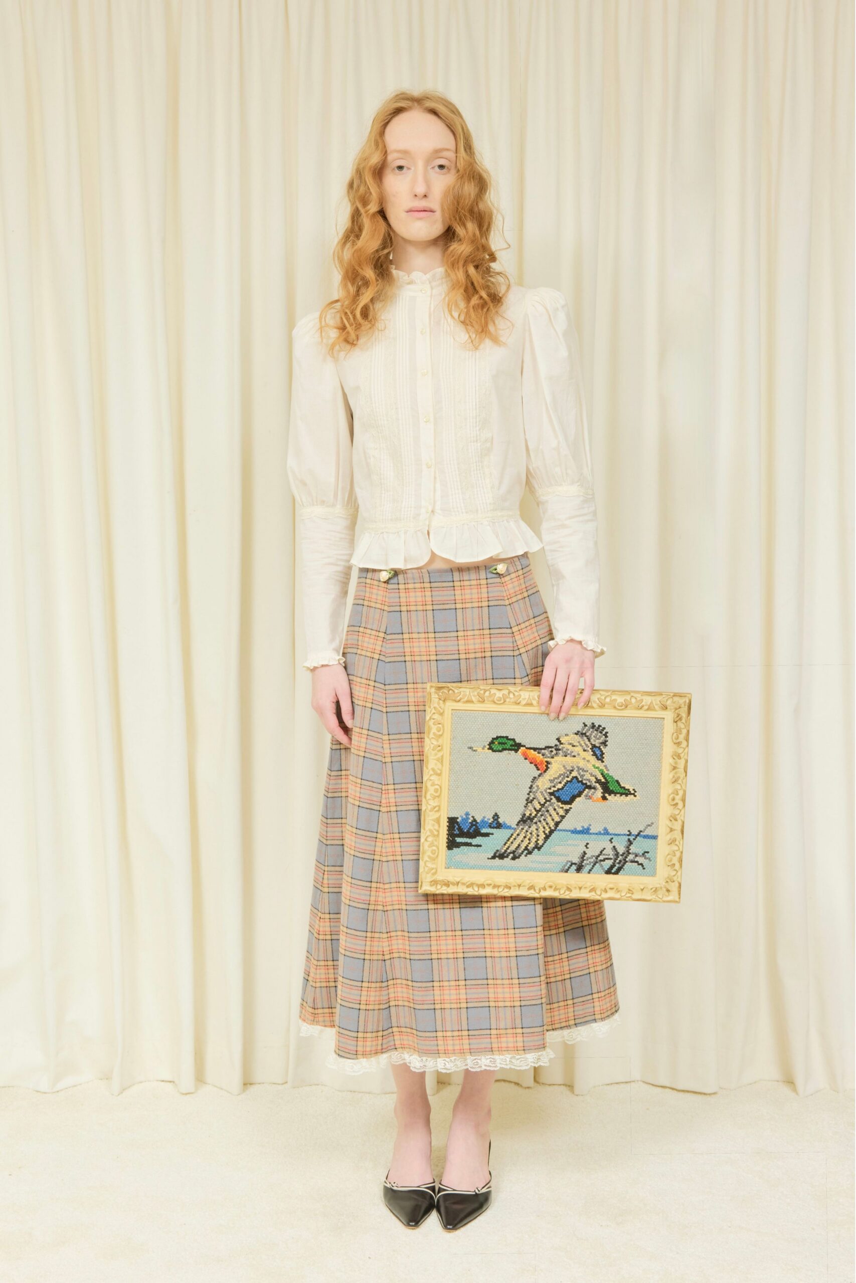 beige cotton relaxed checked midi skirt