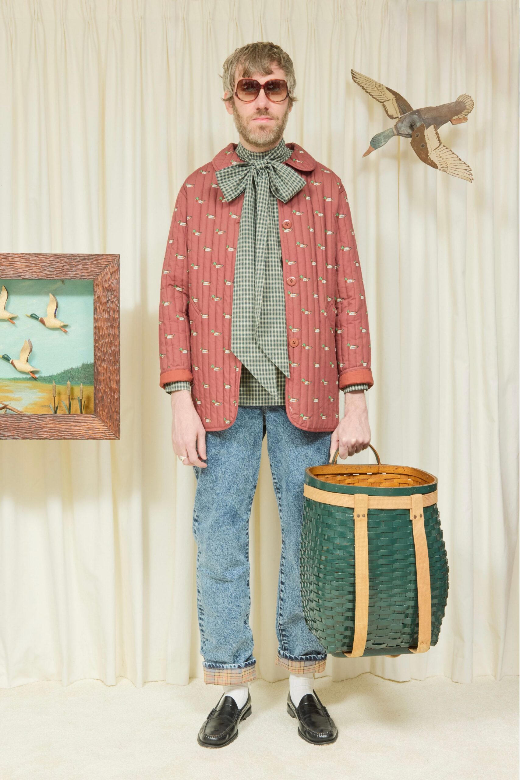 red cotton long-sleeve collared relaxed printed jacket