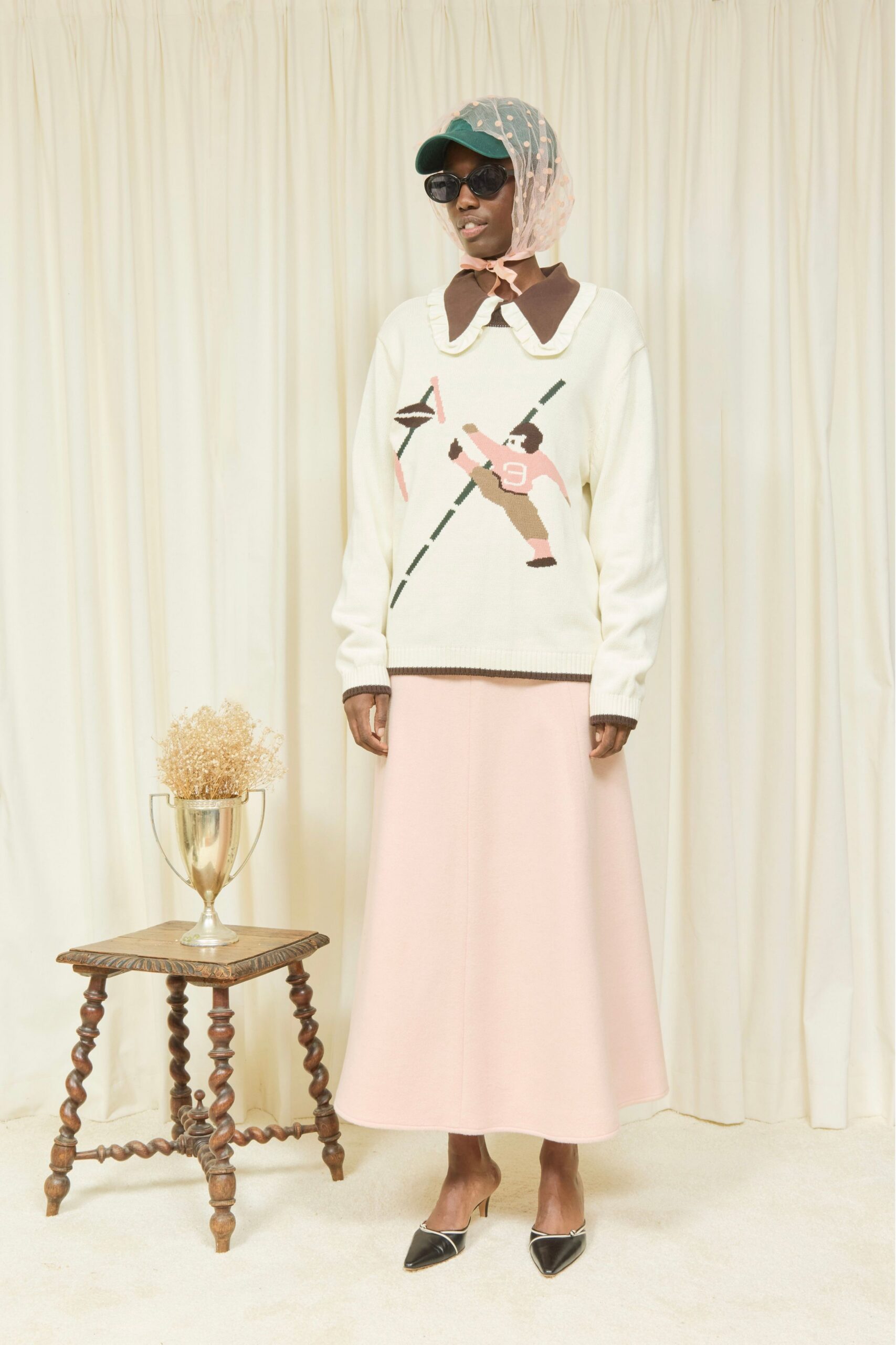 white cotton long-sleeve collared relaxed embroidered sweater