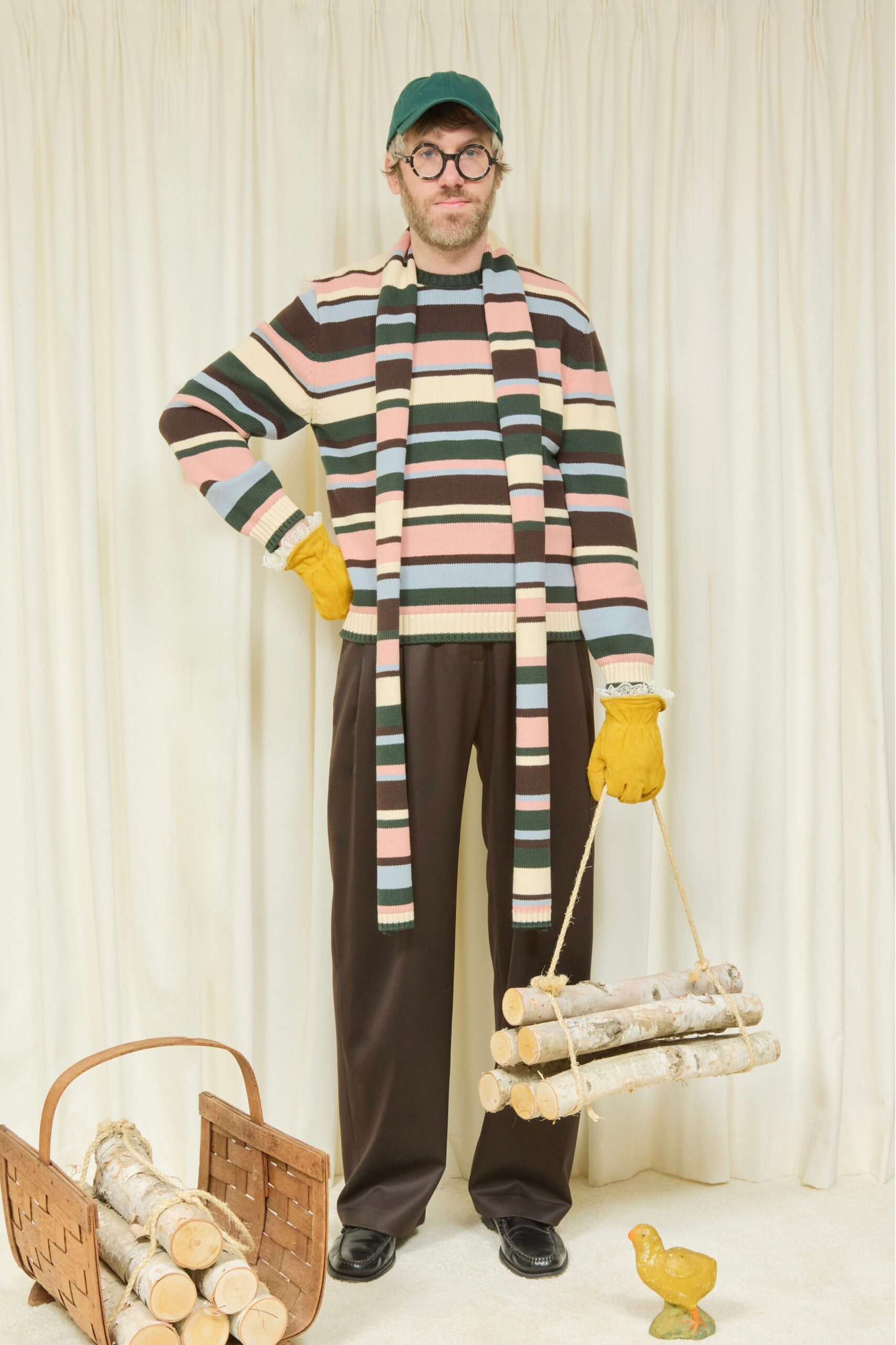 pink cotton long-sleeve collared relaxed striped sweater