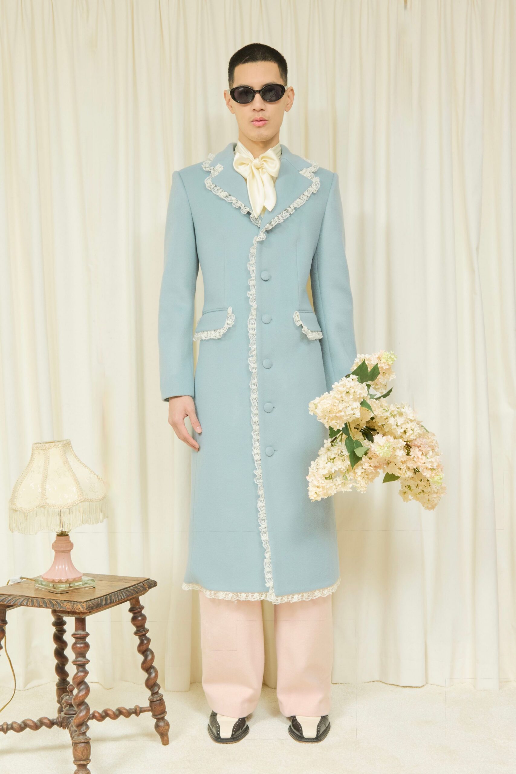 blue cotton long-sleeve collared fitted buttoned ruffled coat