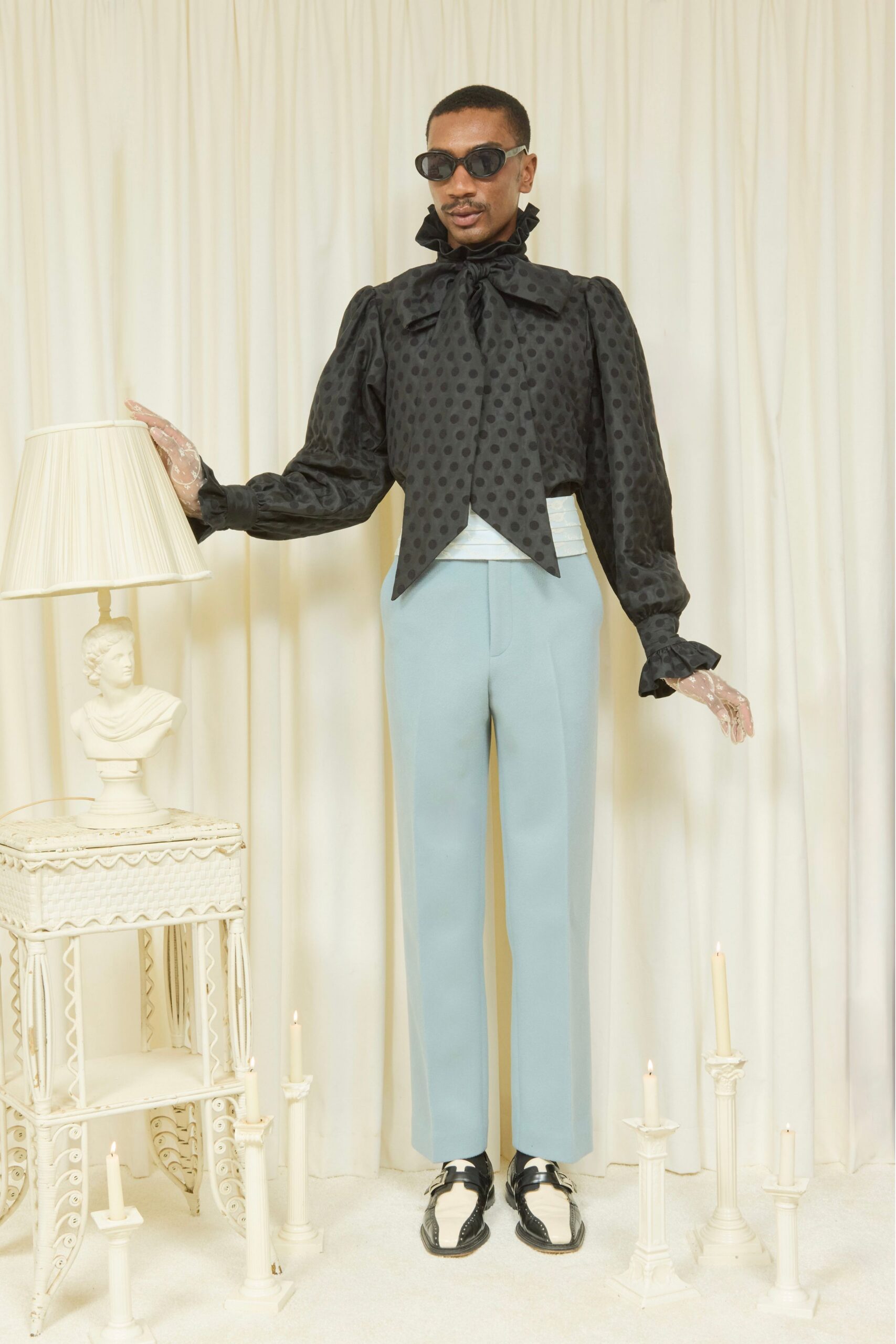 blue cotton tailored straight-leg pants