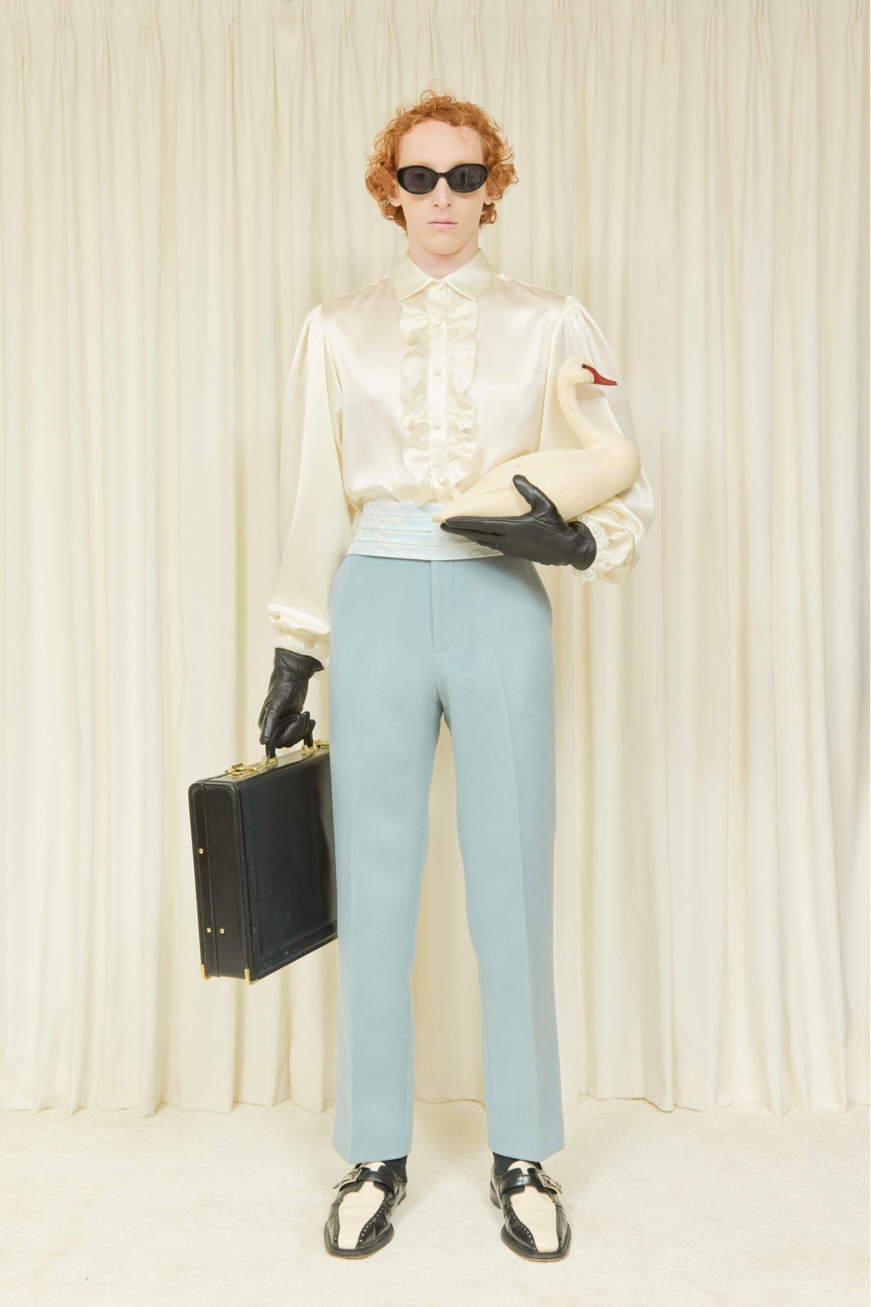 ivory silk long-sleeve collared fitted ruffled shirt
