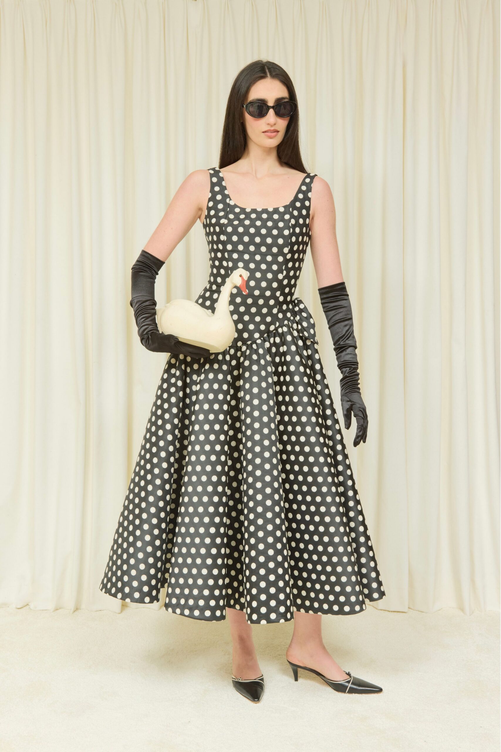 black cotton sleeveless square-neck fitted polka-dot flared dress