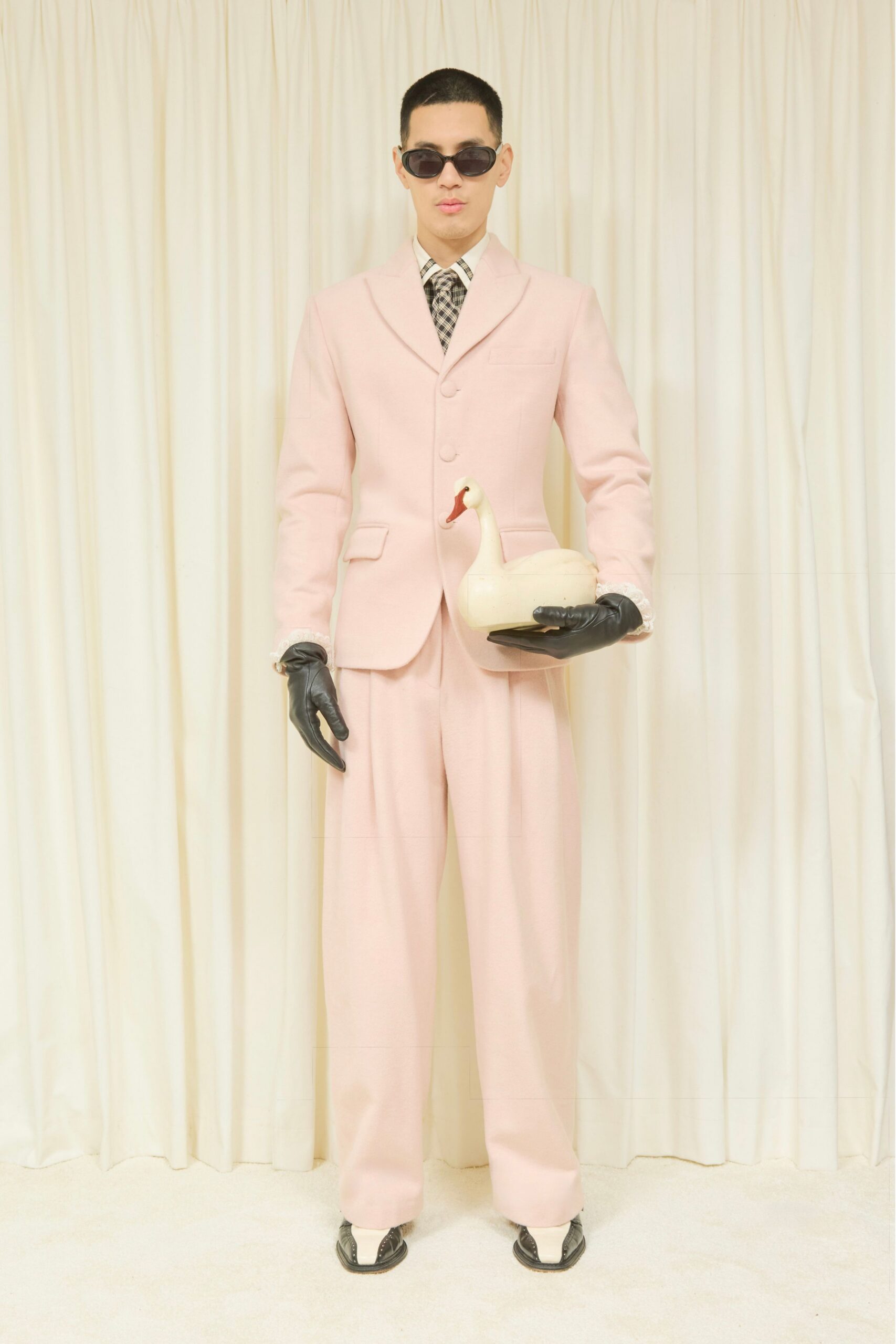 pink wool long-sleeve collared tailored buttoned suit