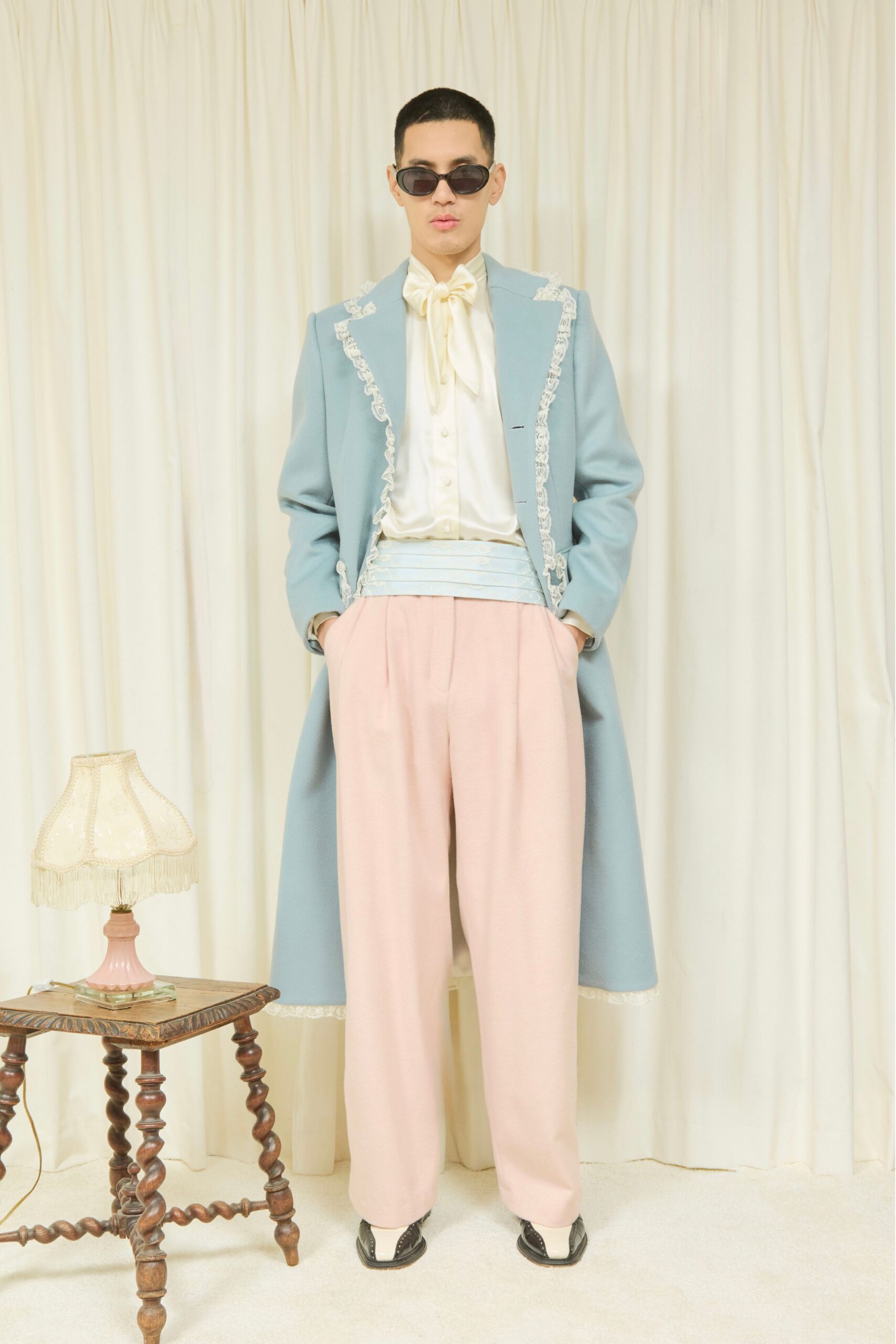 blue wool long-sleeve collared relaxed buttoned fringed coat