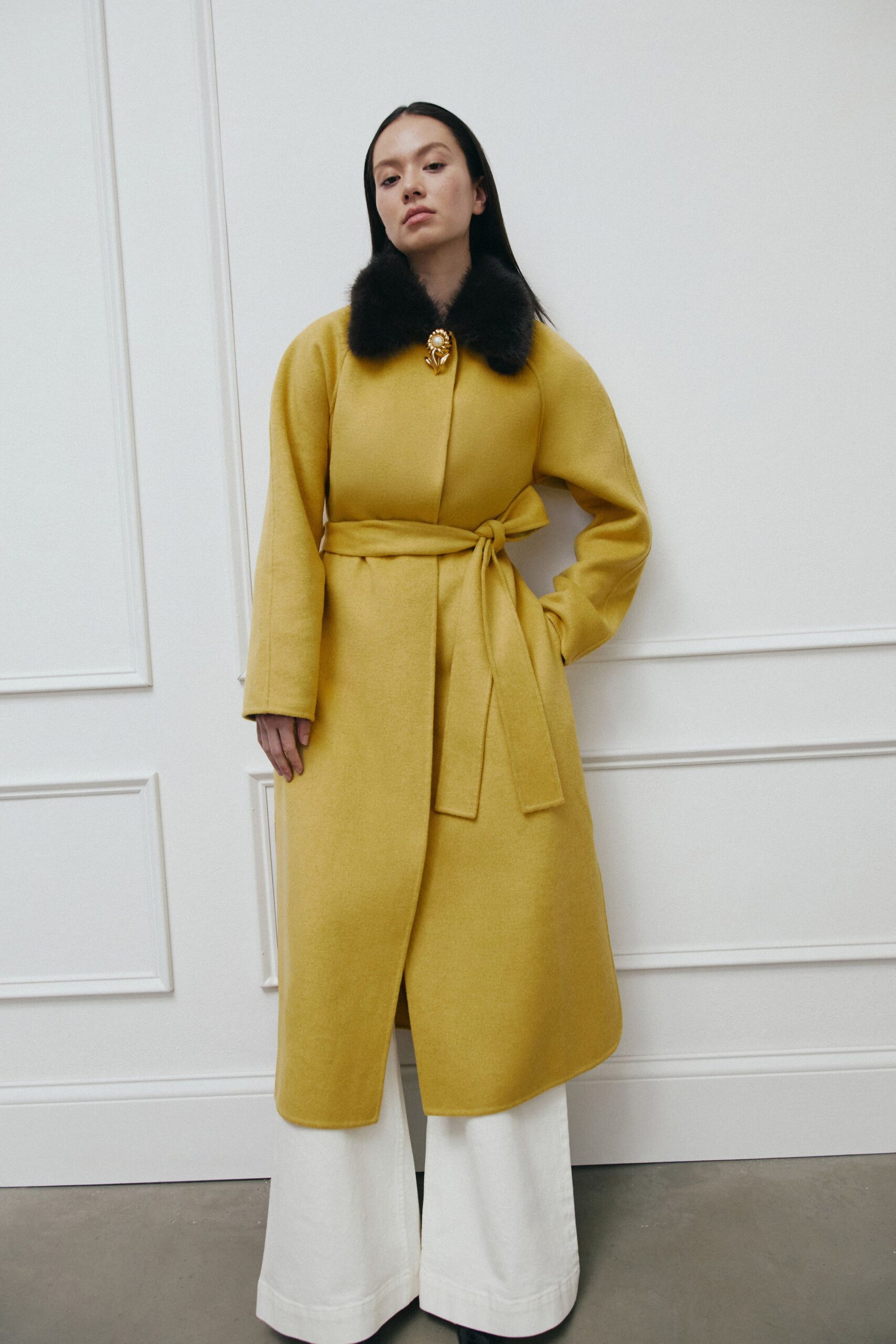 yellow wool long-sleeve collared fitted belted midi coat