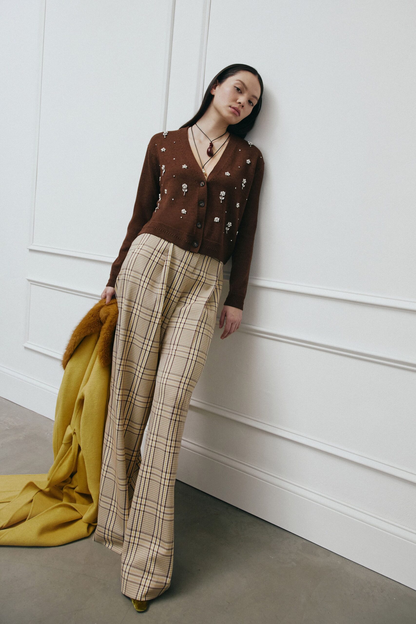 brown cotton long-sleeve collared fitted embroidered cardigan