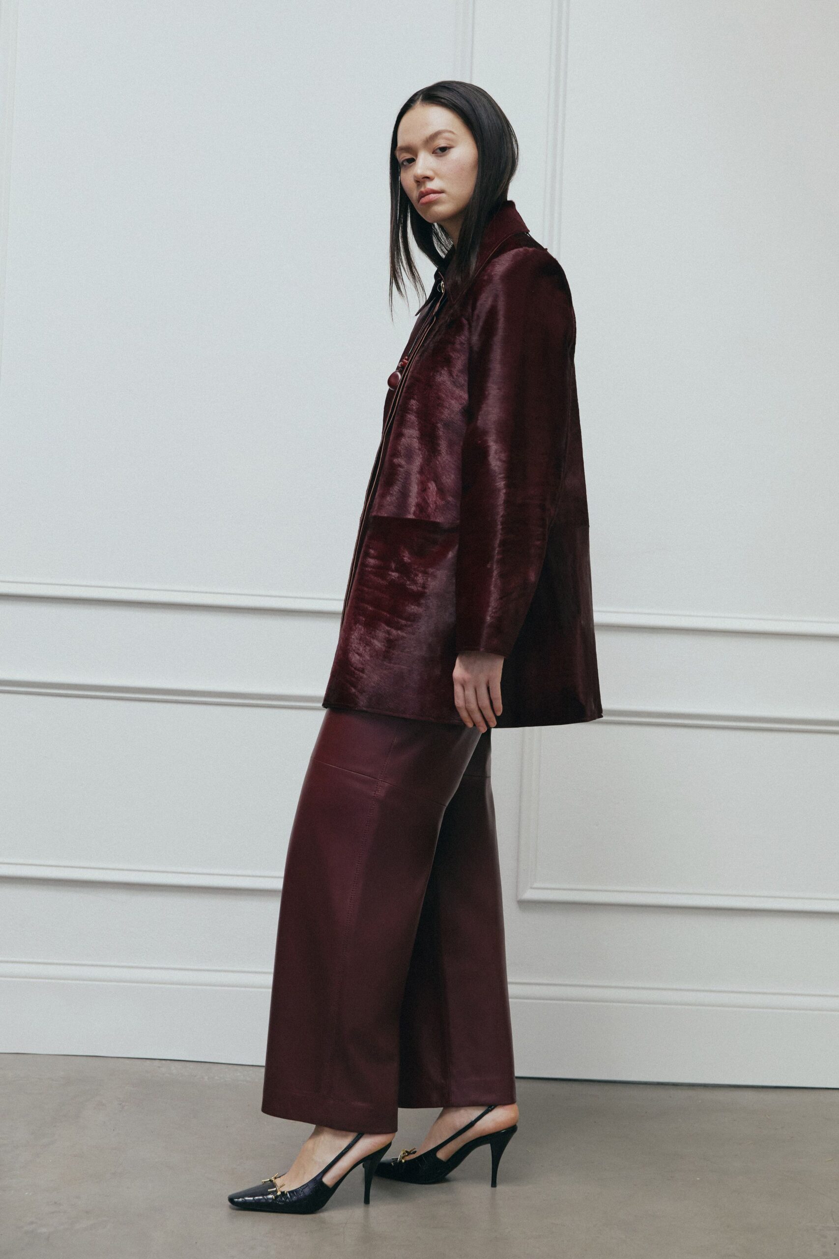 maroon faux-fur long-sleeve relaxed jacket