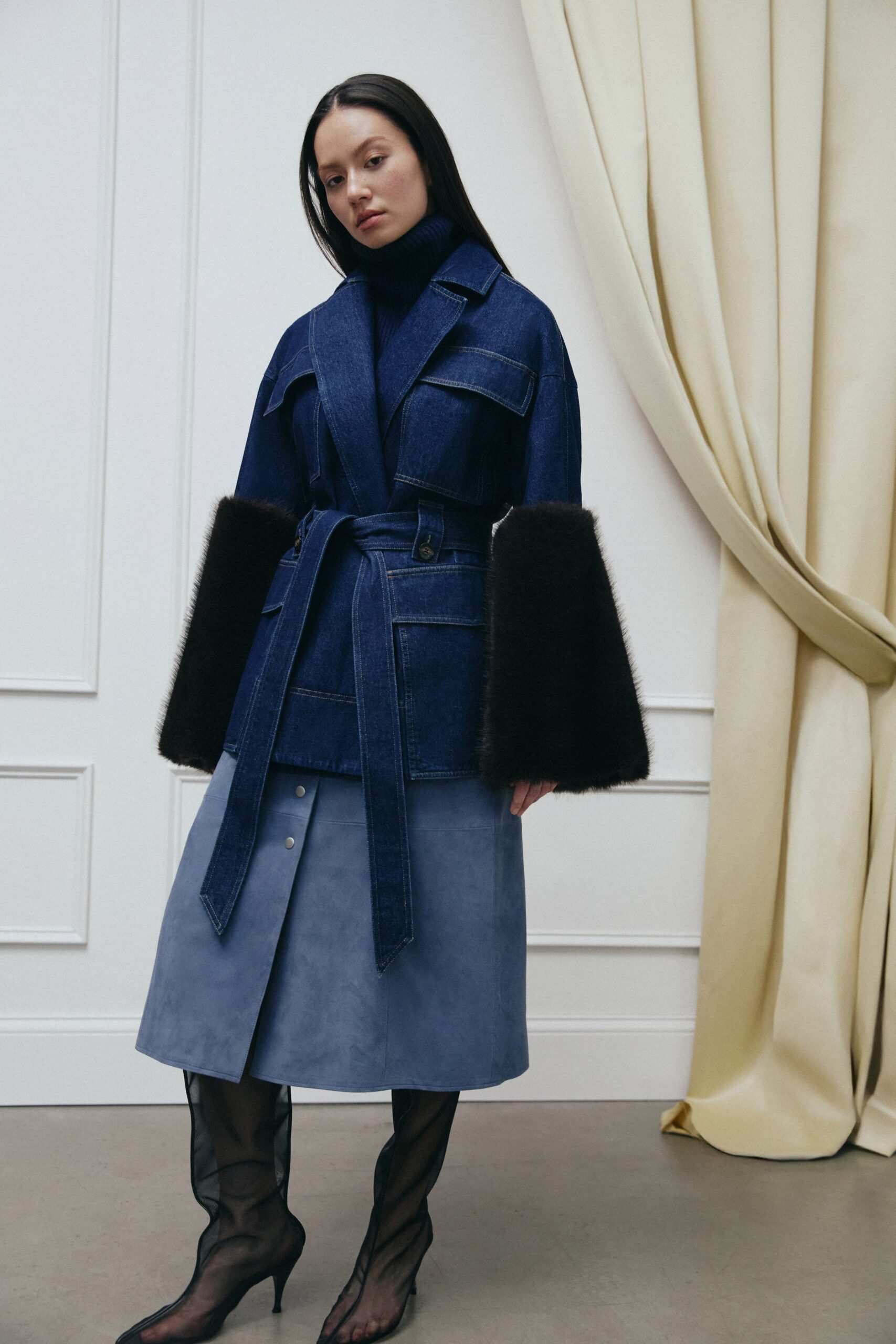 blue suede fitted high-waisted buttoned midi skirt