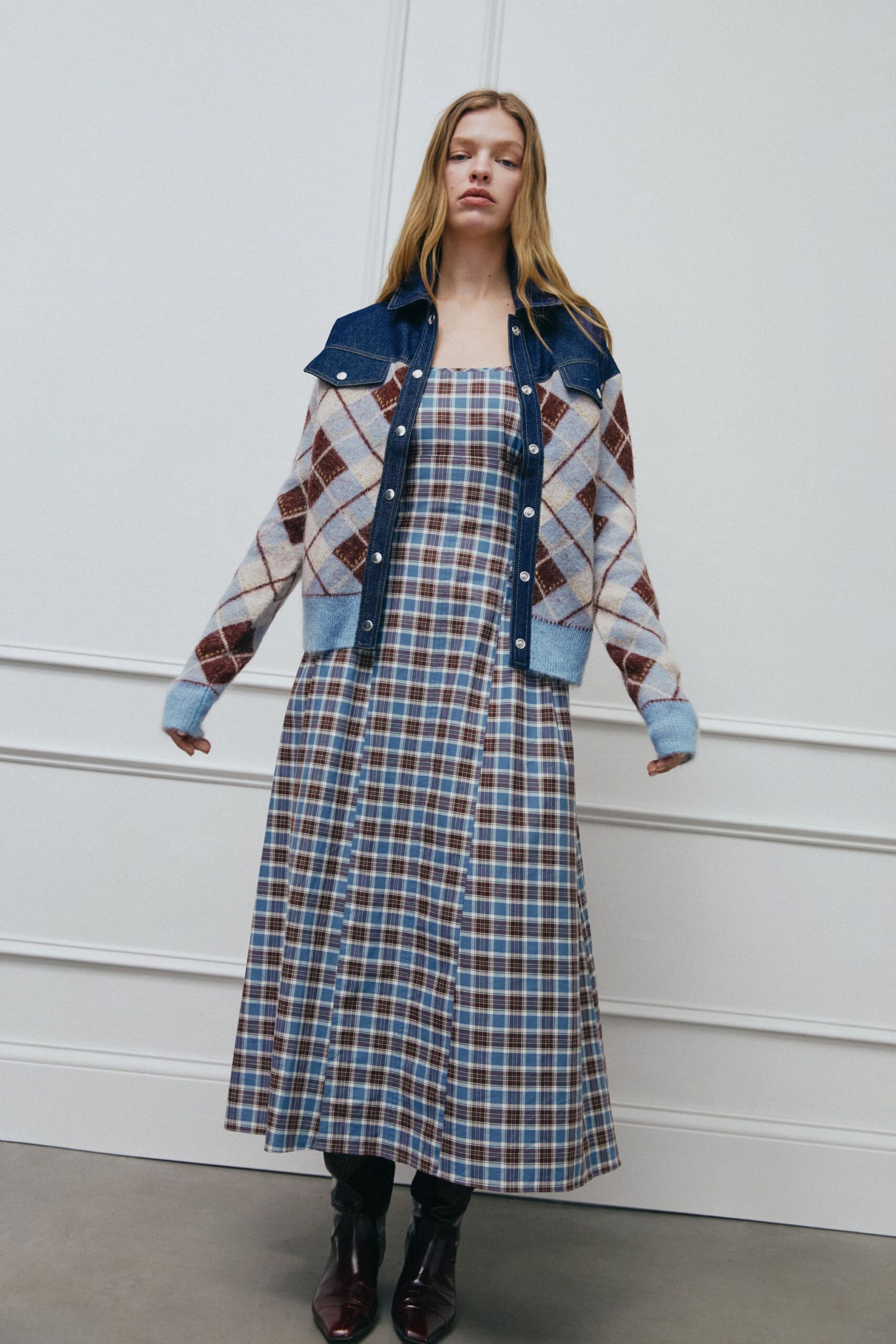 blue cotton sleeveless collared fitted checked maxi dress