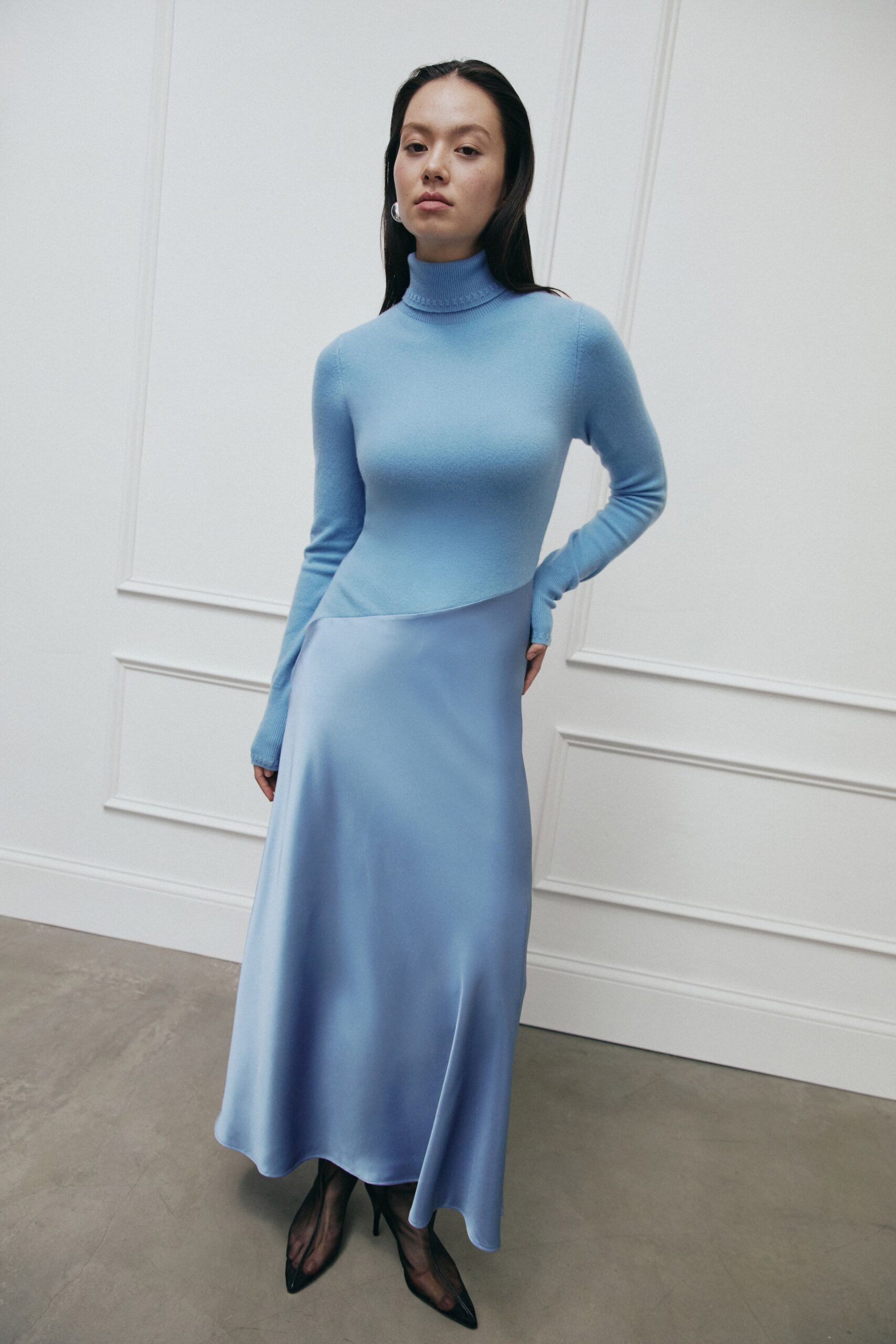 blue silk long-sleeve turtleneck fitted flowing midi dress
