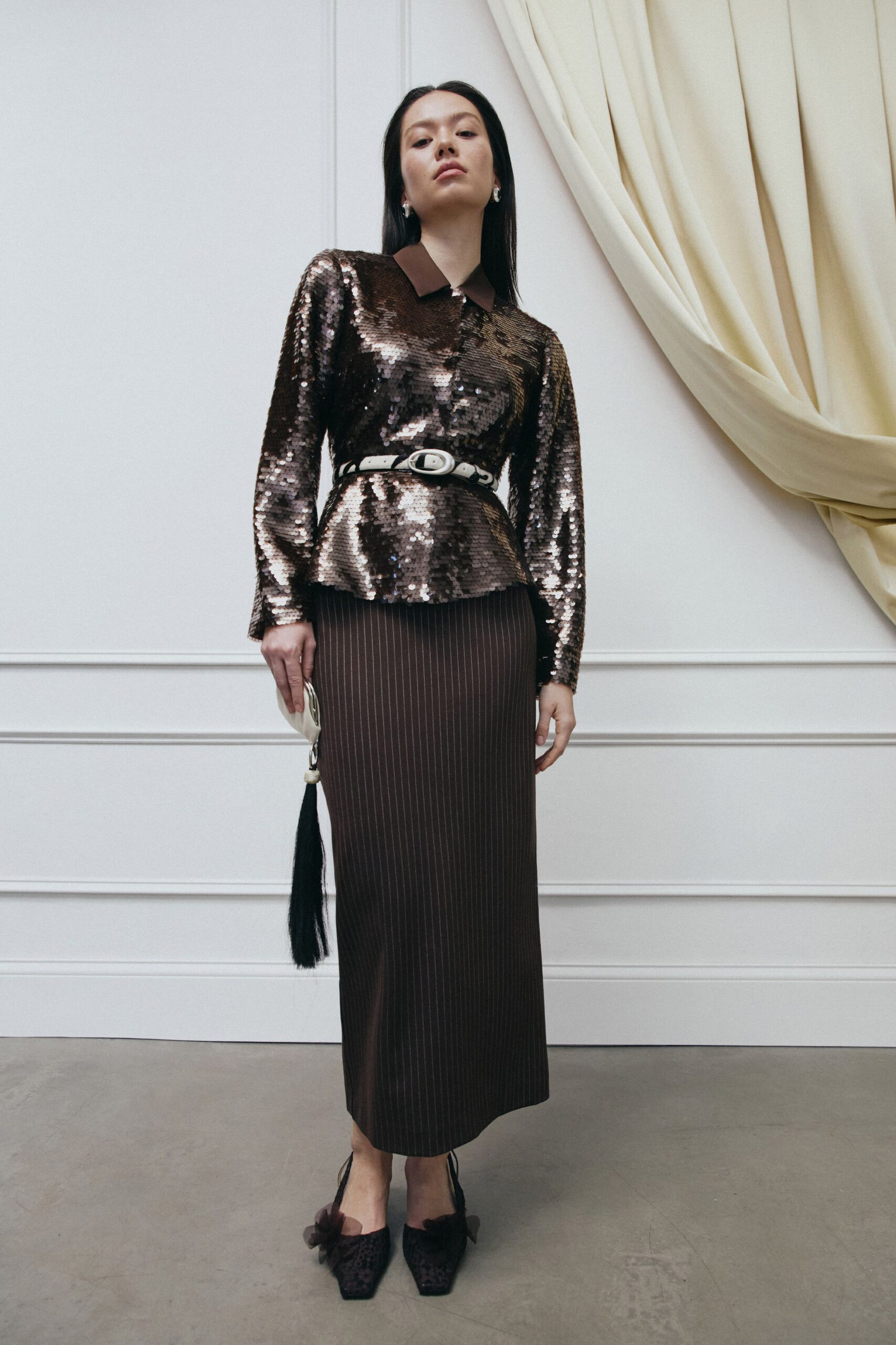 brown sequin long-sleeve collared fitted pleated shiny shirt