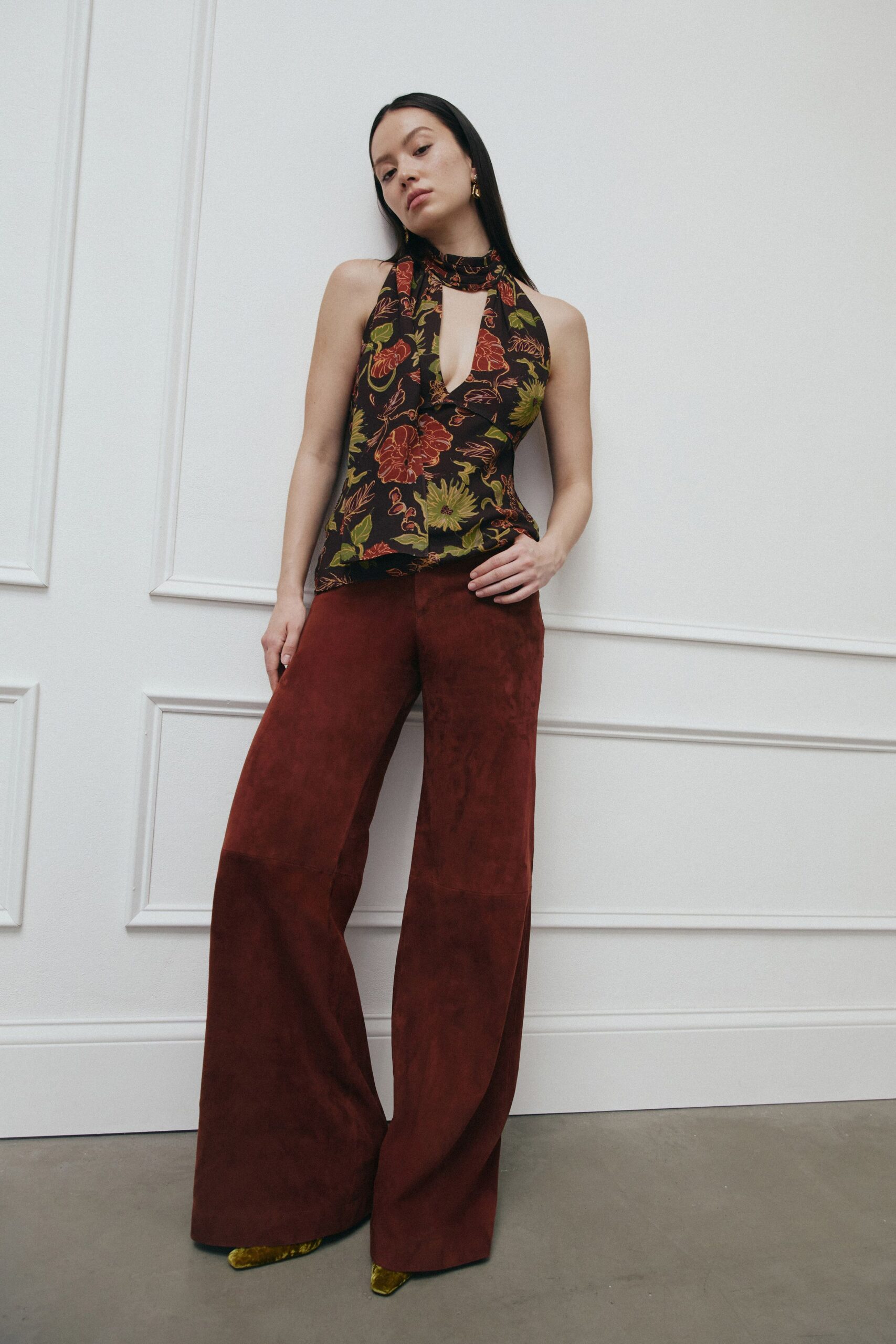 brown suede relaxed wide-leg pants