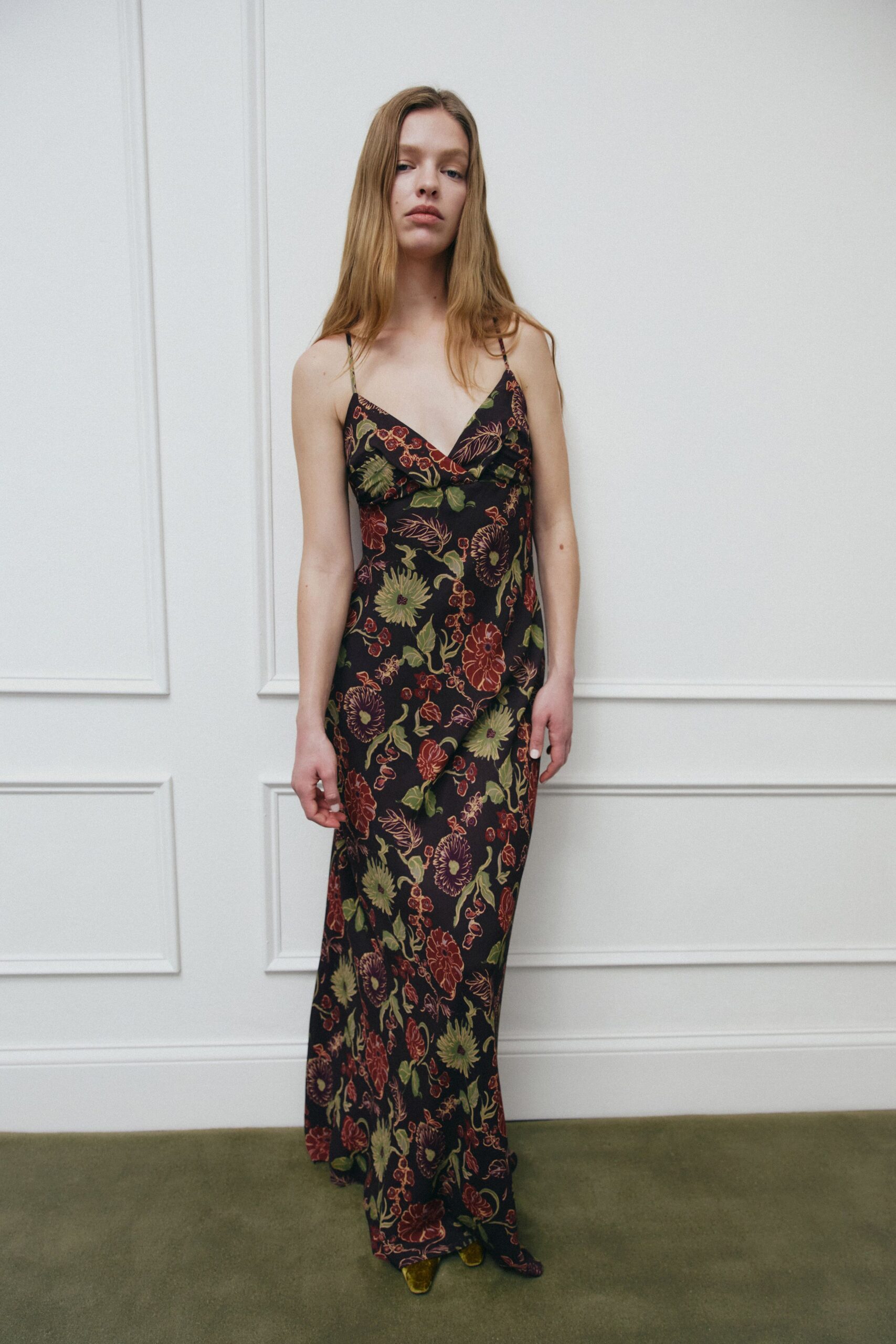 black silk sleeveless v-neck fitted floral maxi gown