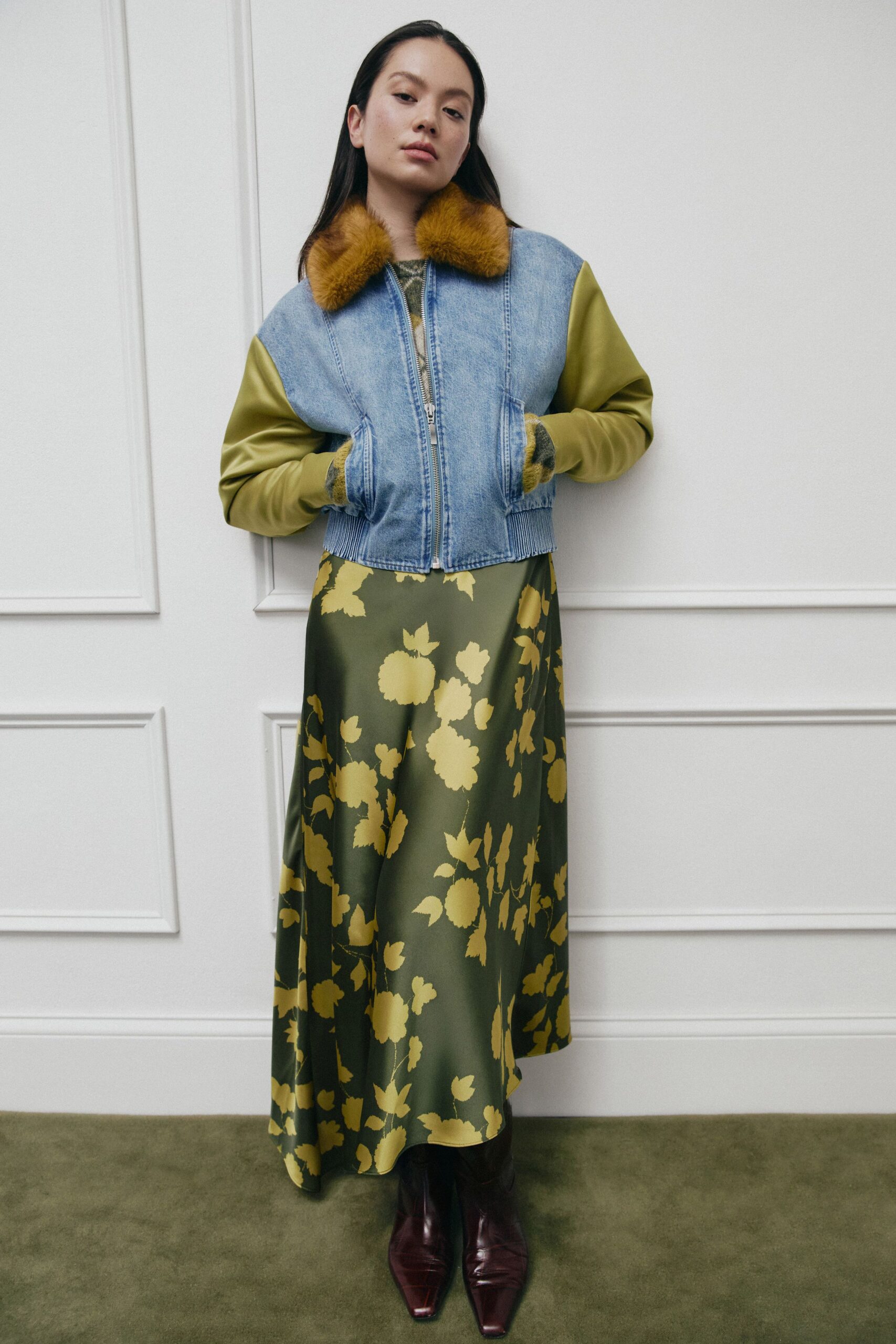 green silk sleeveless v-neck relaxed flared maxi dress
