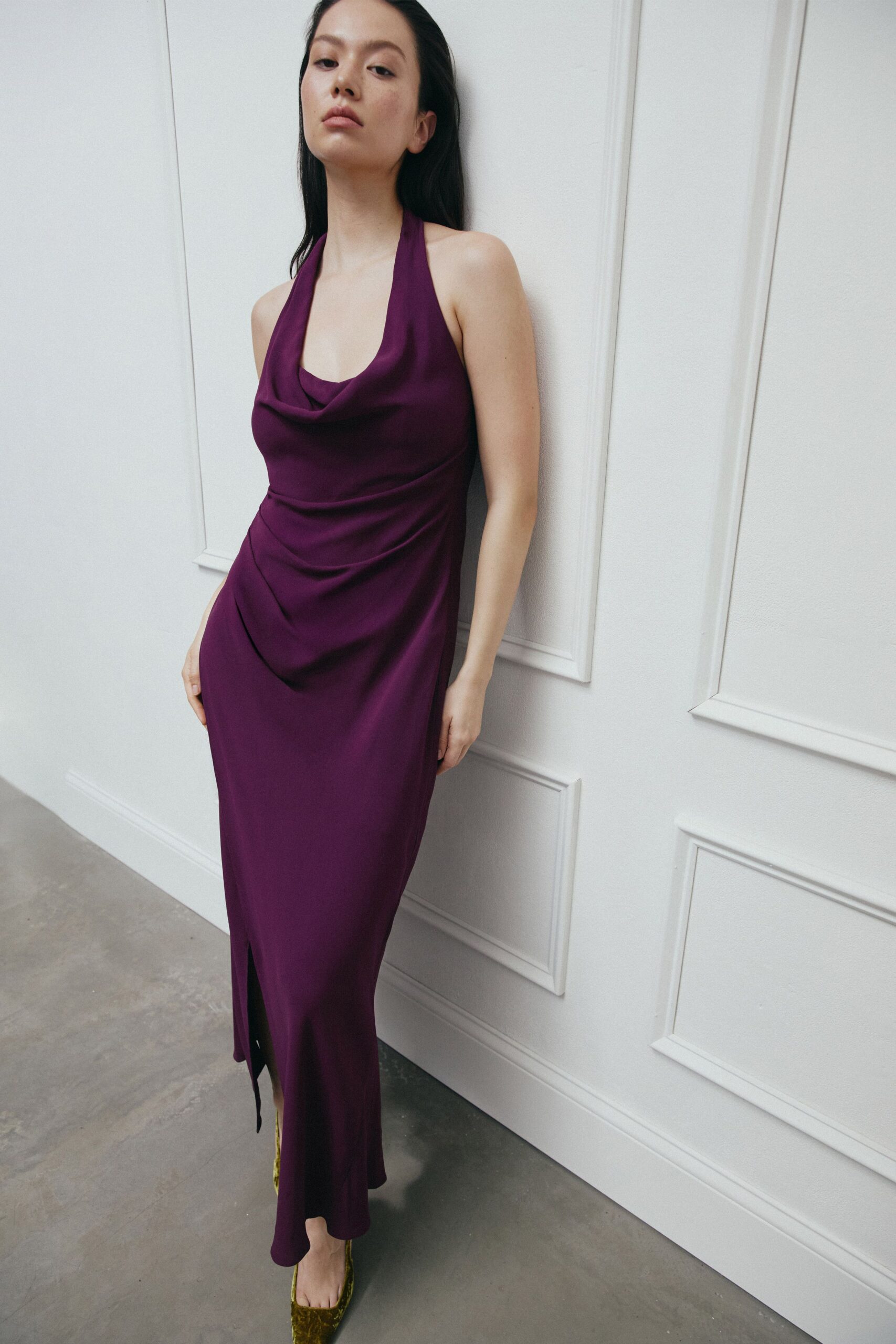 purple silk sleeveless halter fitted draped maxi gown