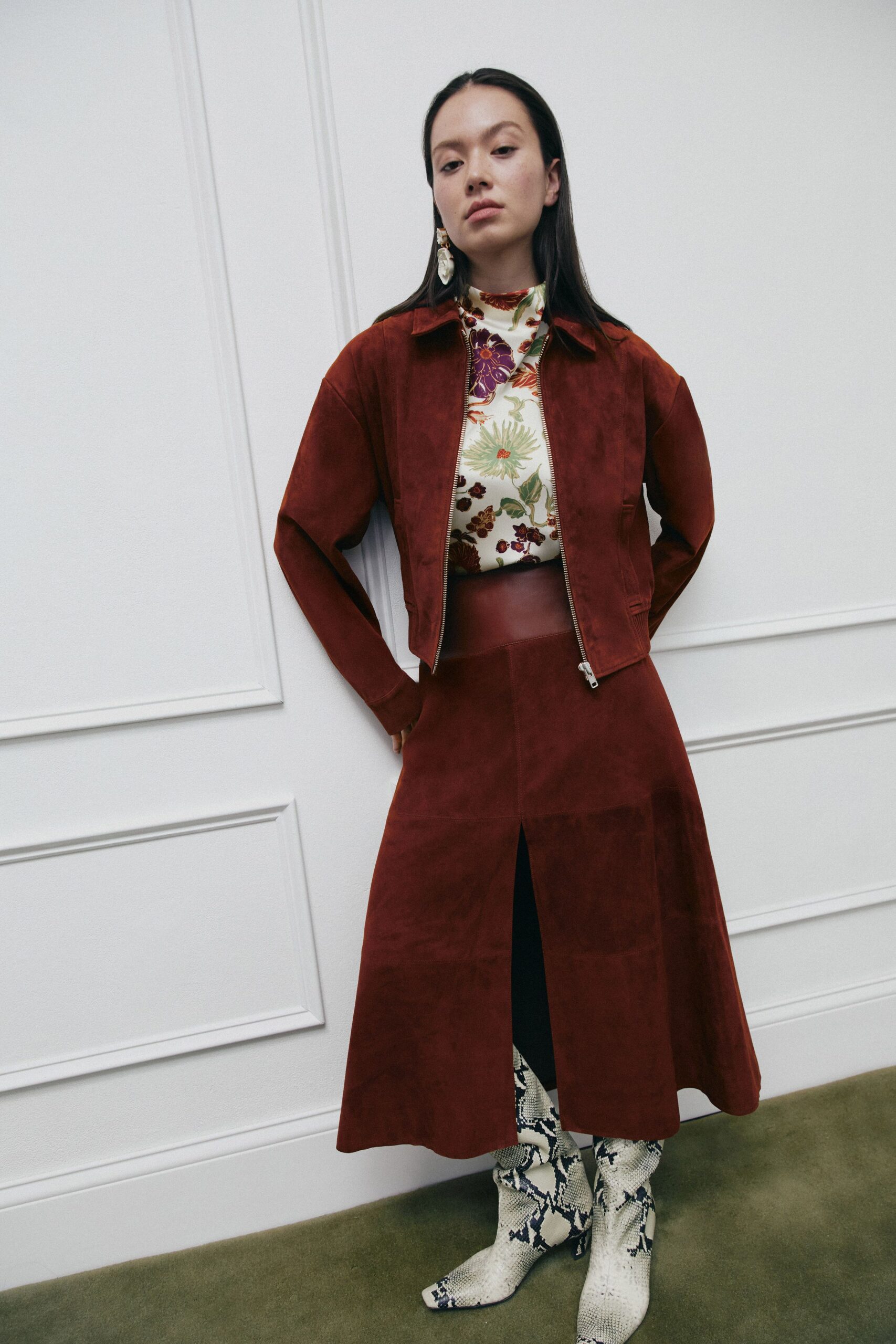 red suede long-sleeve collared fitted zippered jacket