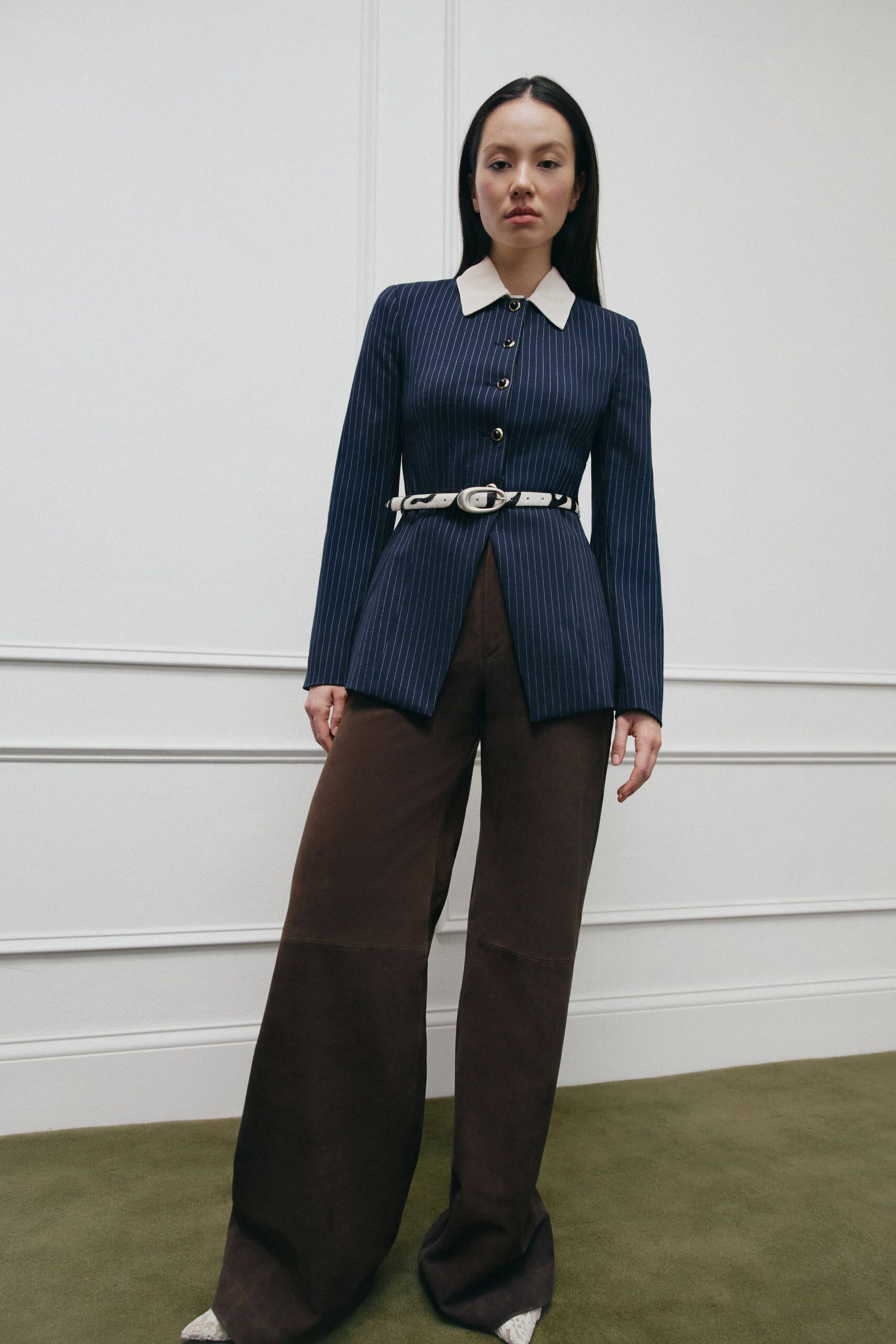 blue striped blazer with wide-leg pants