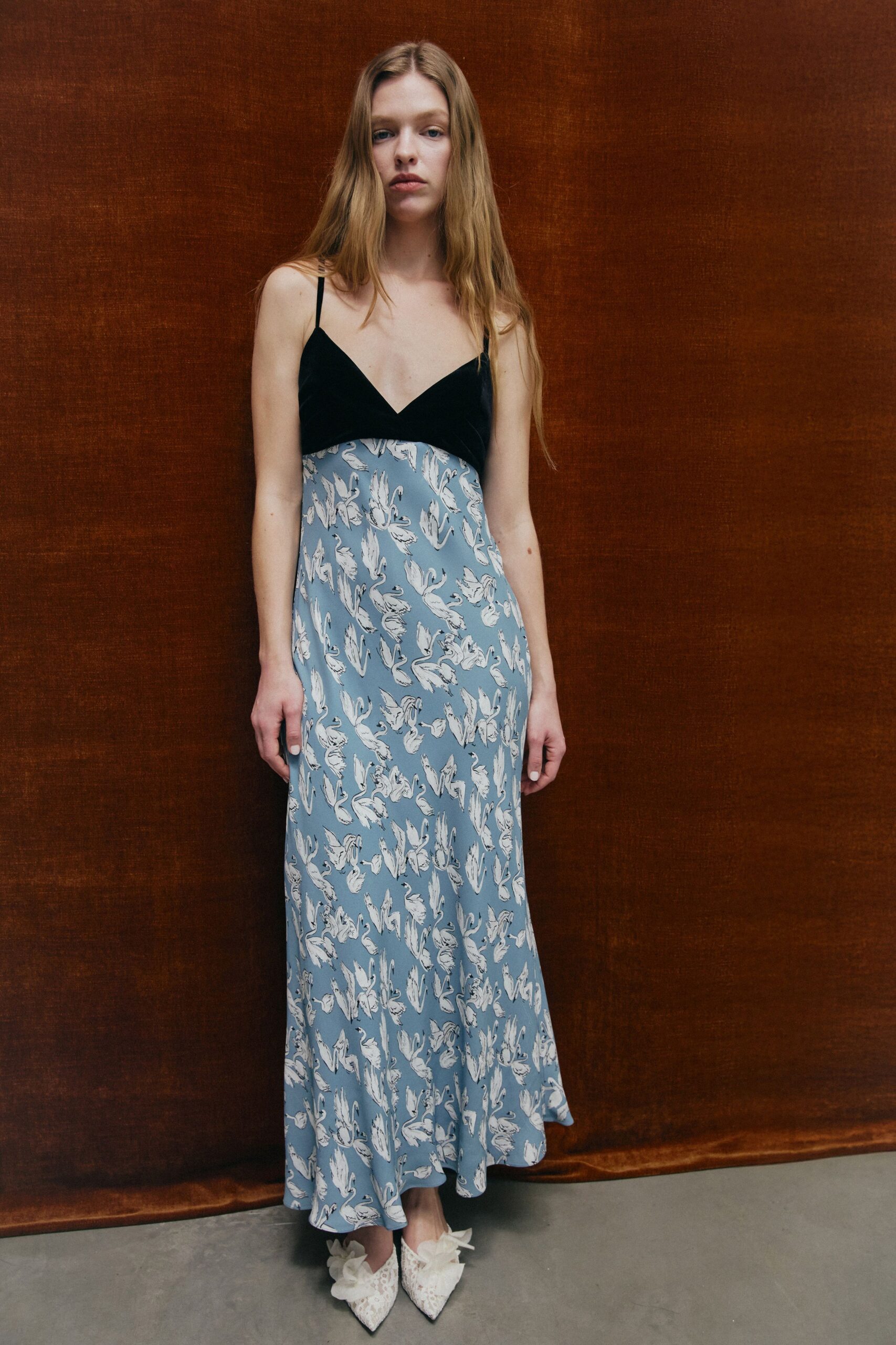 blue silk sleeveless v-neck fitted flared maxi dress