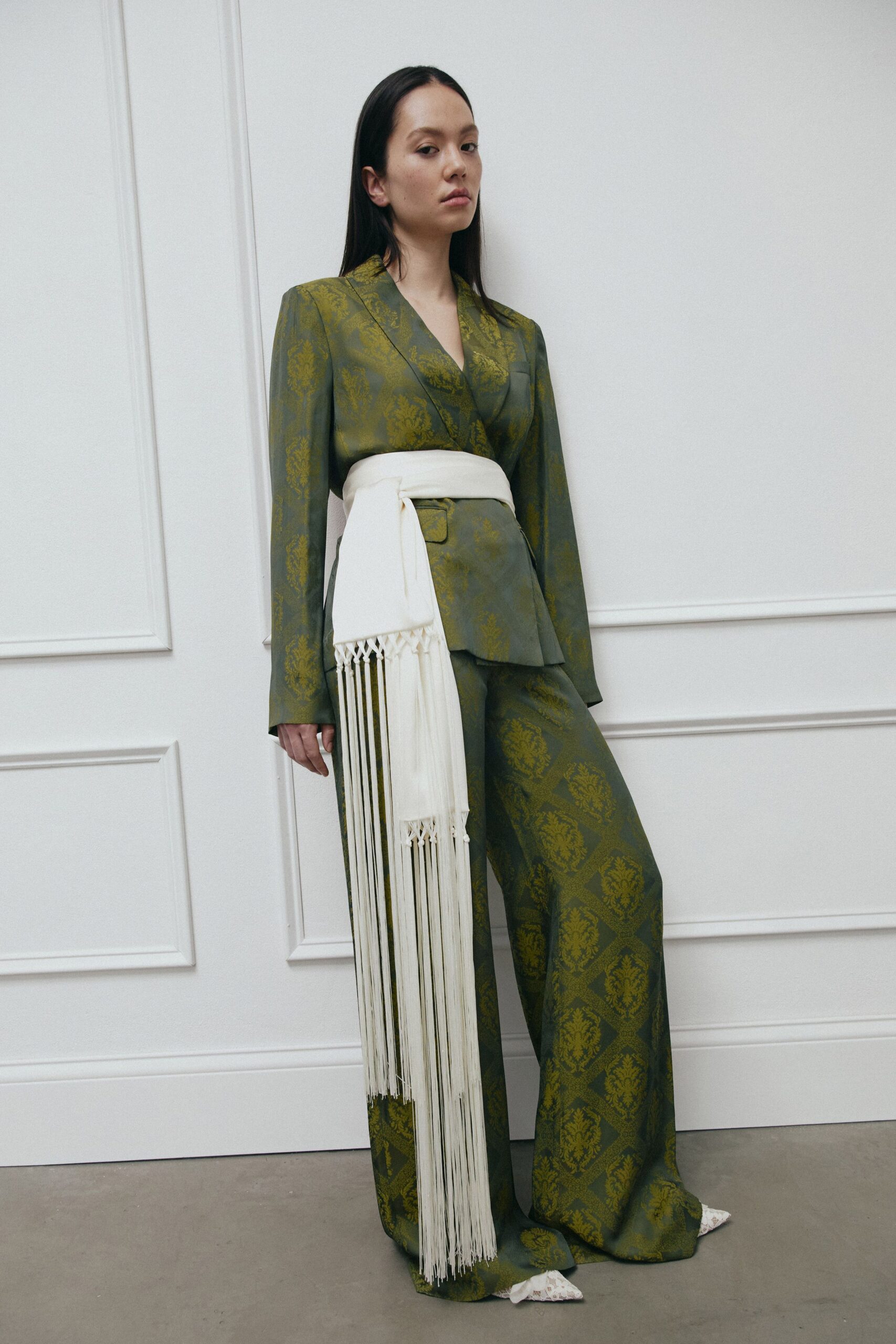 green silk long-sleeve collared tailored embroidered blazer