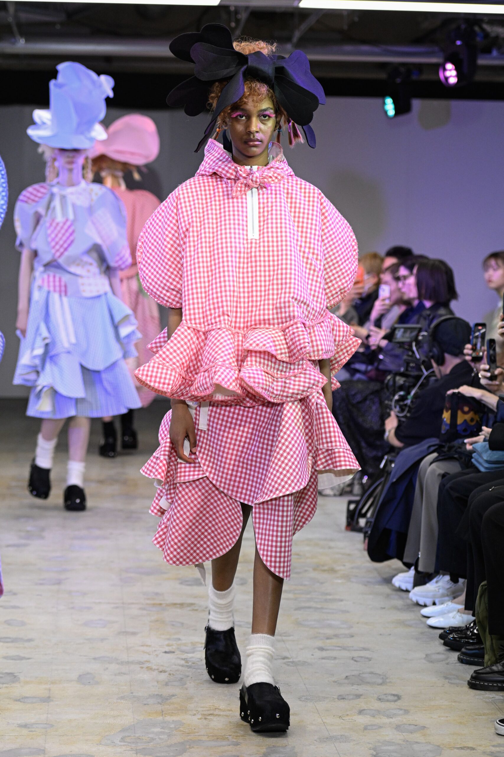 pink cotton long-sleeve hooded relaxed ruffled layered dress