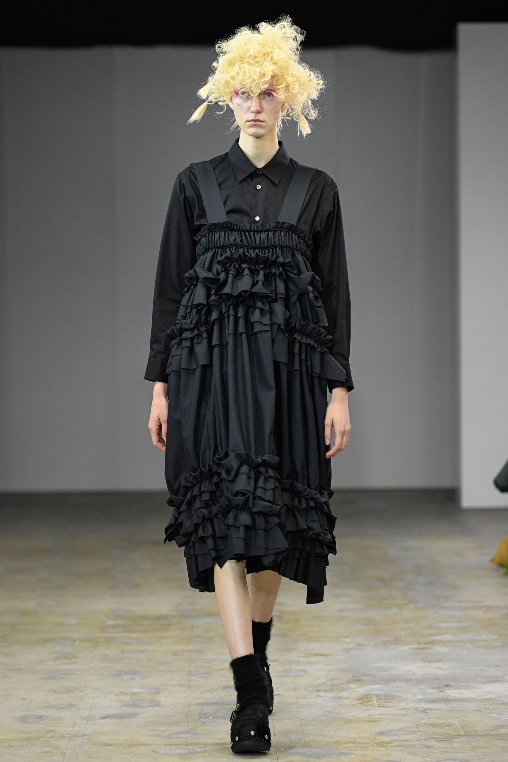 black cotton long-sleeve collared fitted ruffled layered dress