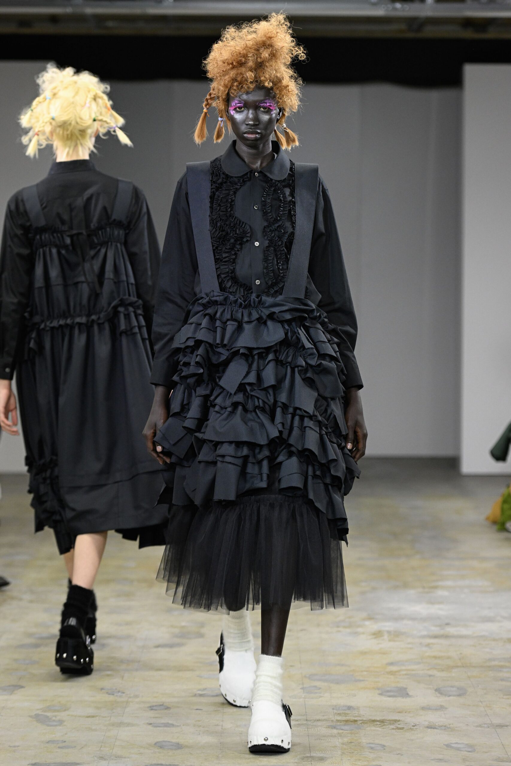 black silk long-sleeve collared relaxed ruffled tiered dress