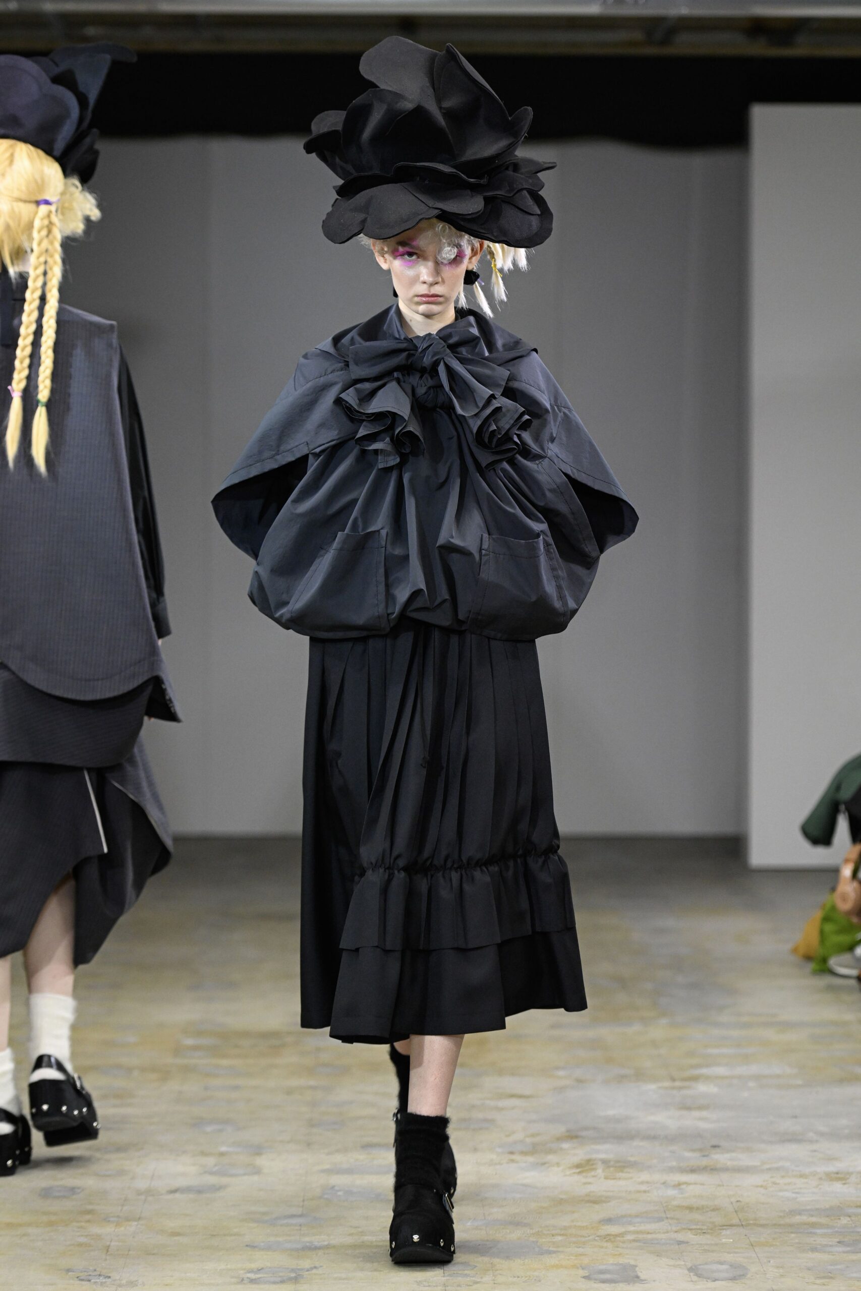 black cotton long-sleeve high-neck relaxed pleated ruffled dress