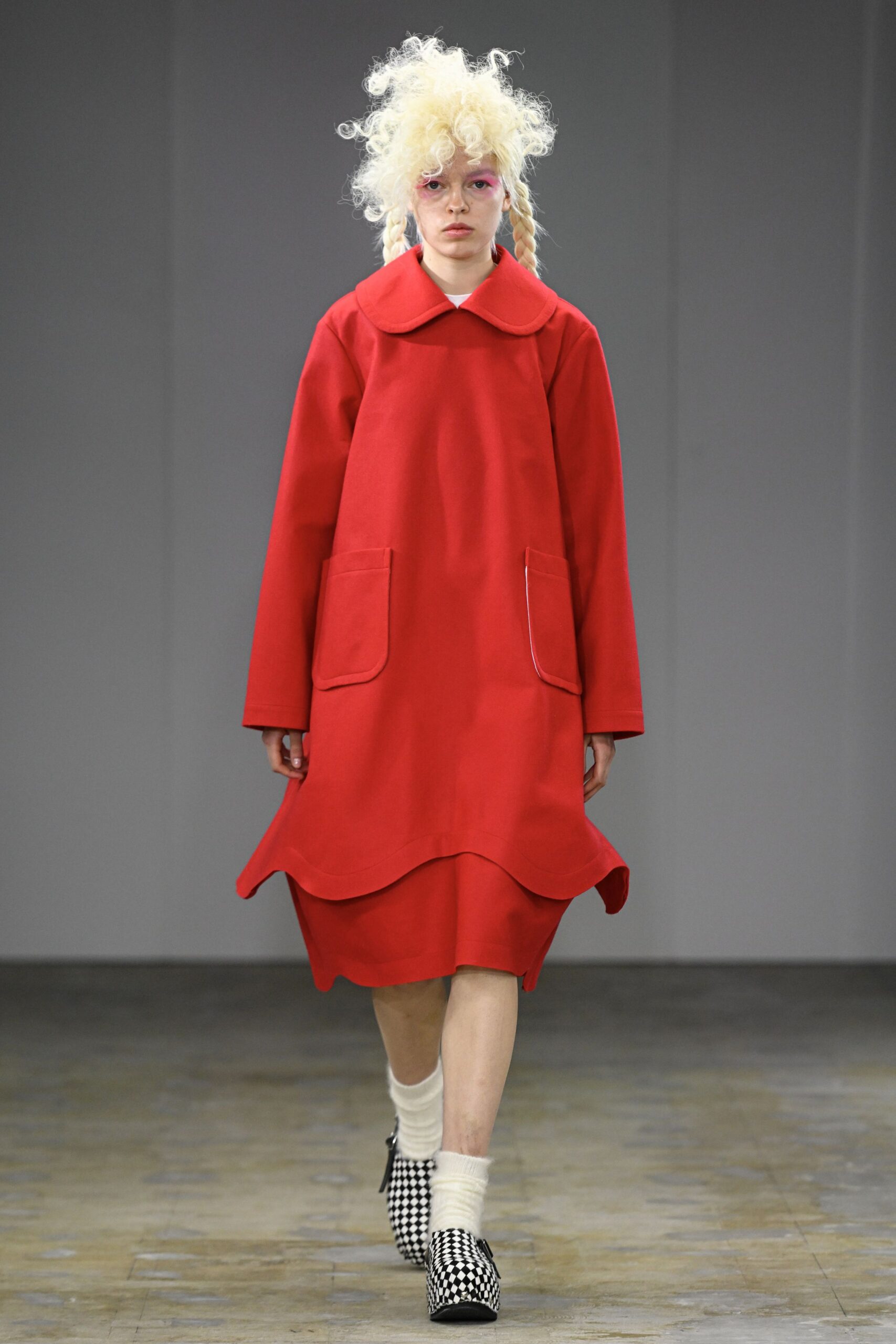 red cotton long-sleeve collared oversized layered midi coat