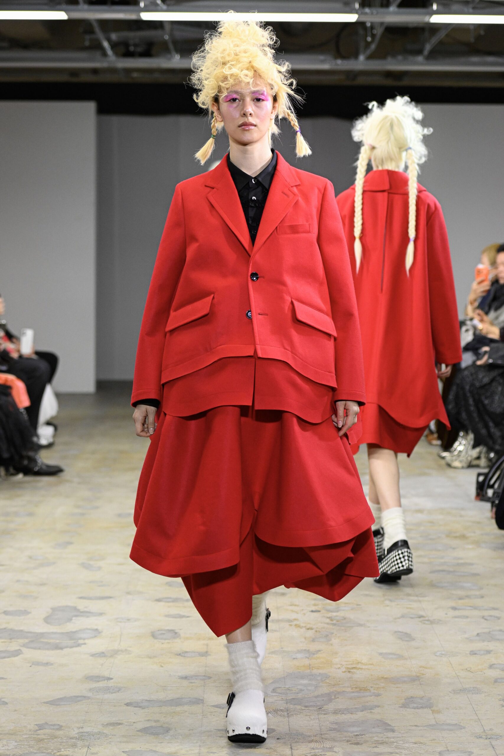 red long-sleeve collared oversized jacket