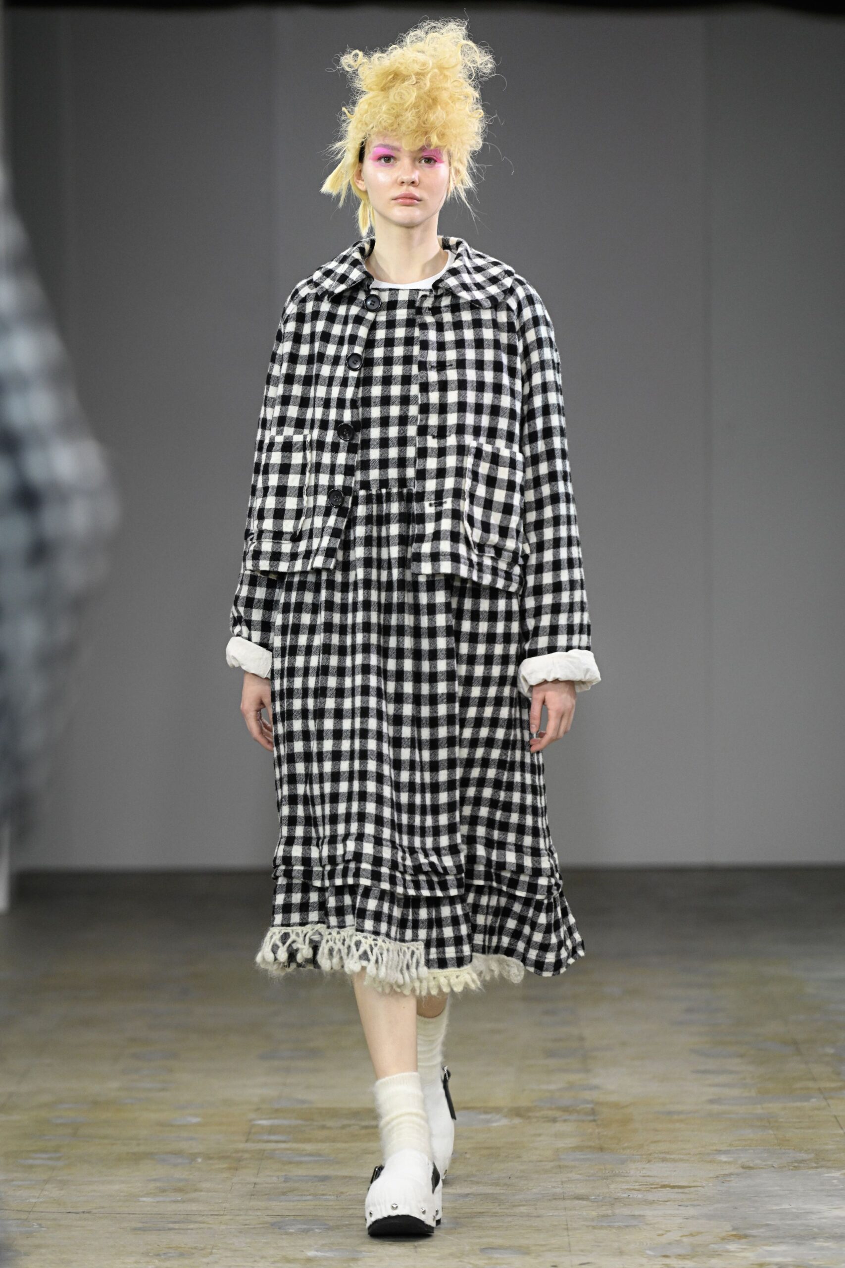 black and white checked midi dress with jacket