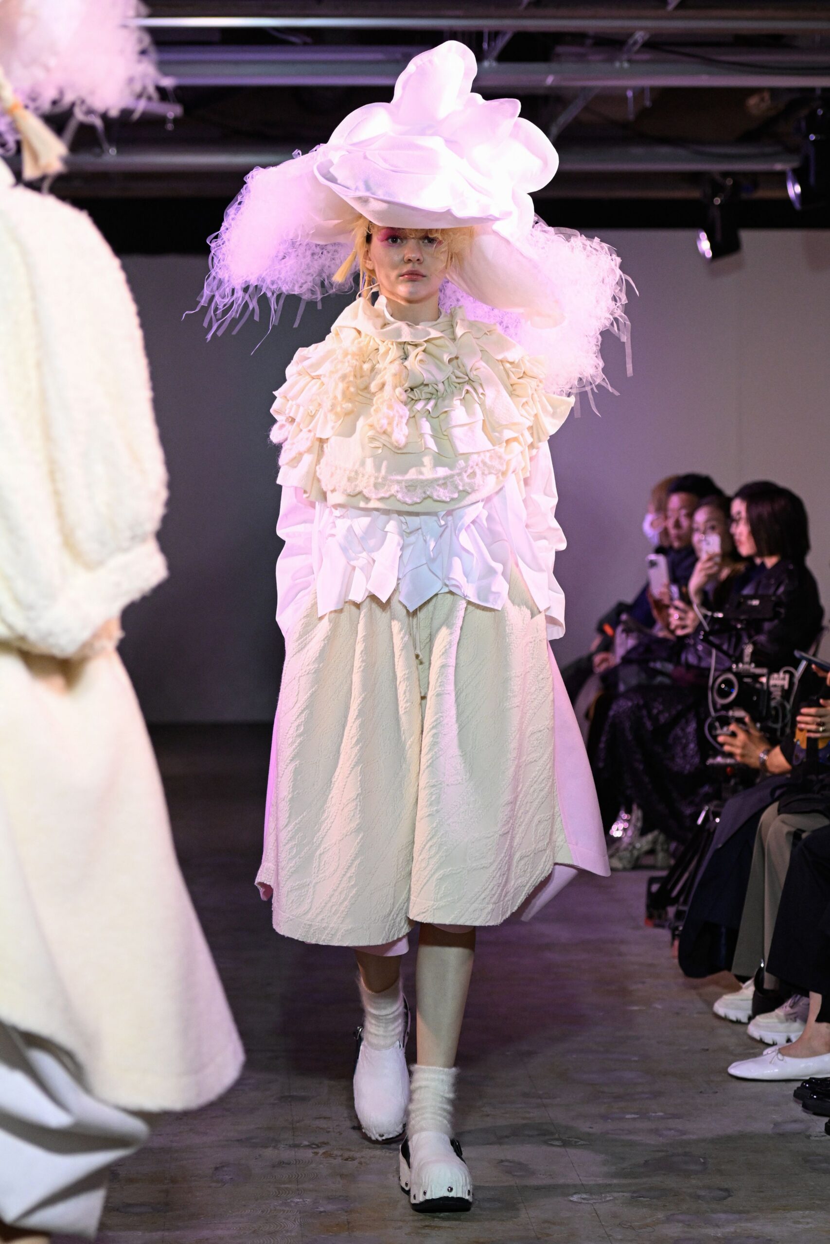 white cotton long-sleeve collared relaxed ruffled layered dress