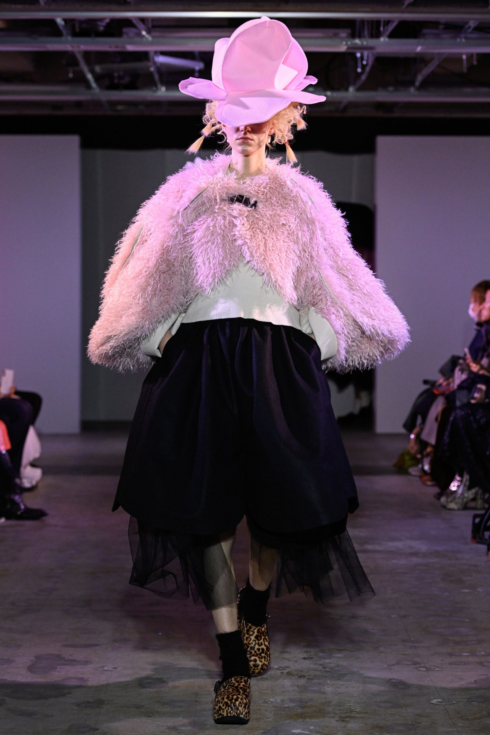 pink faux-fur long-sleeve oversized ruffled coat