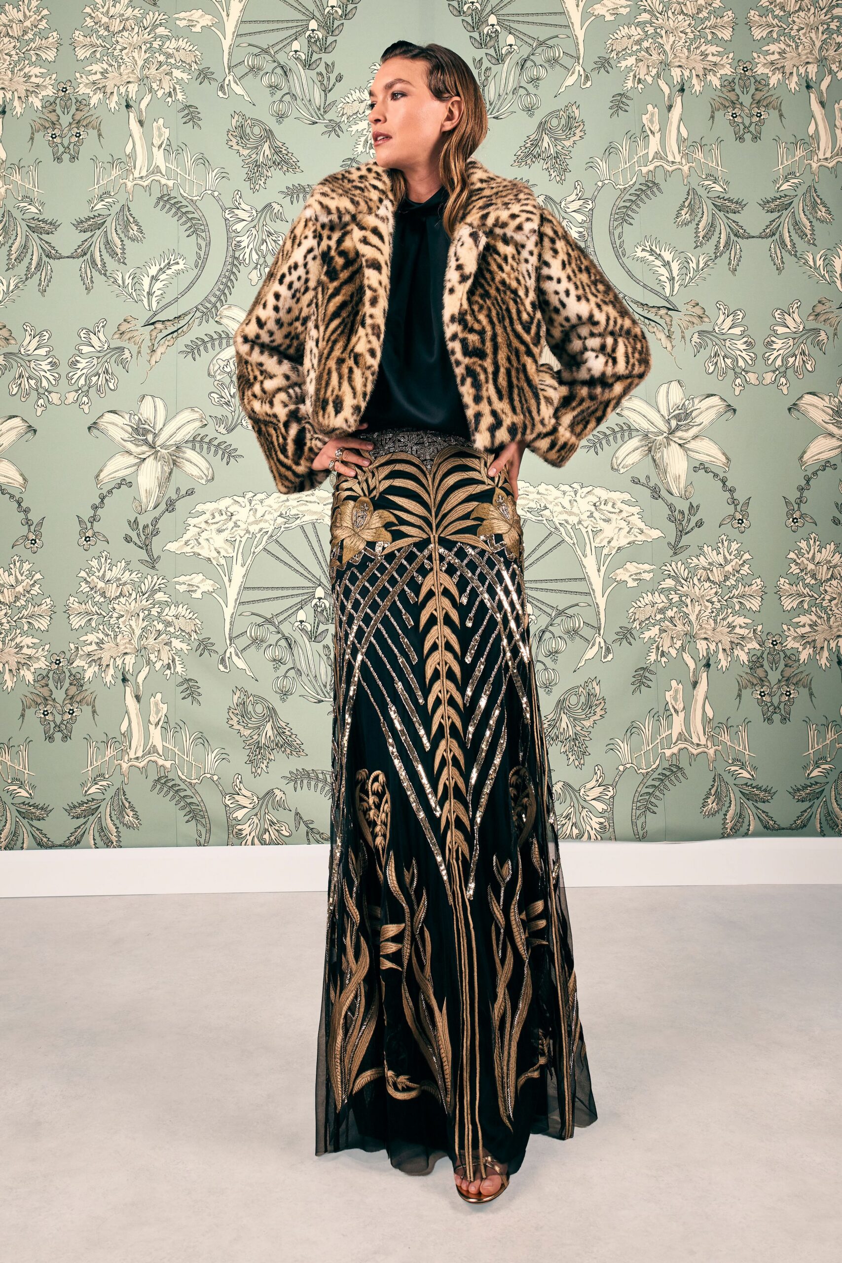 fur coat with embroidered skirt