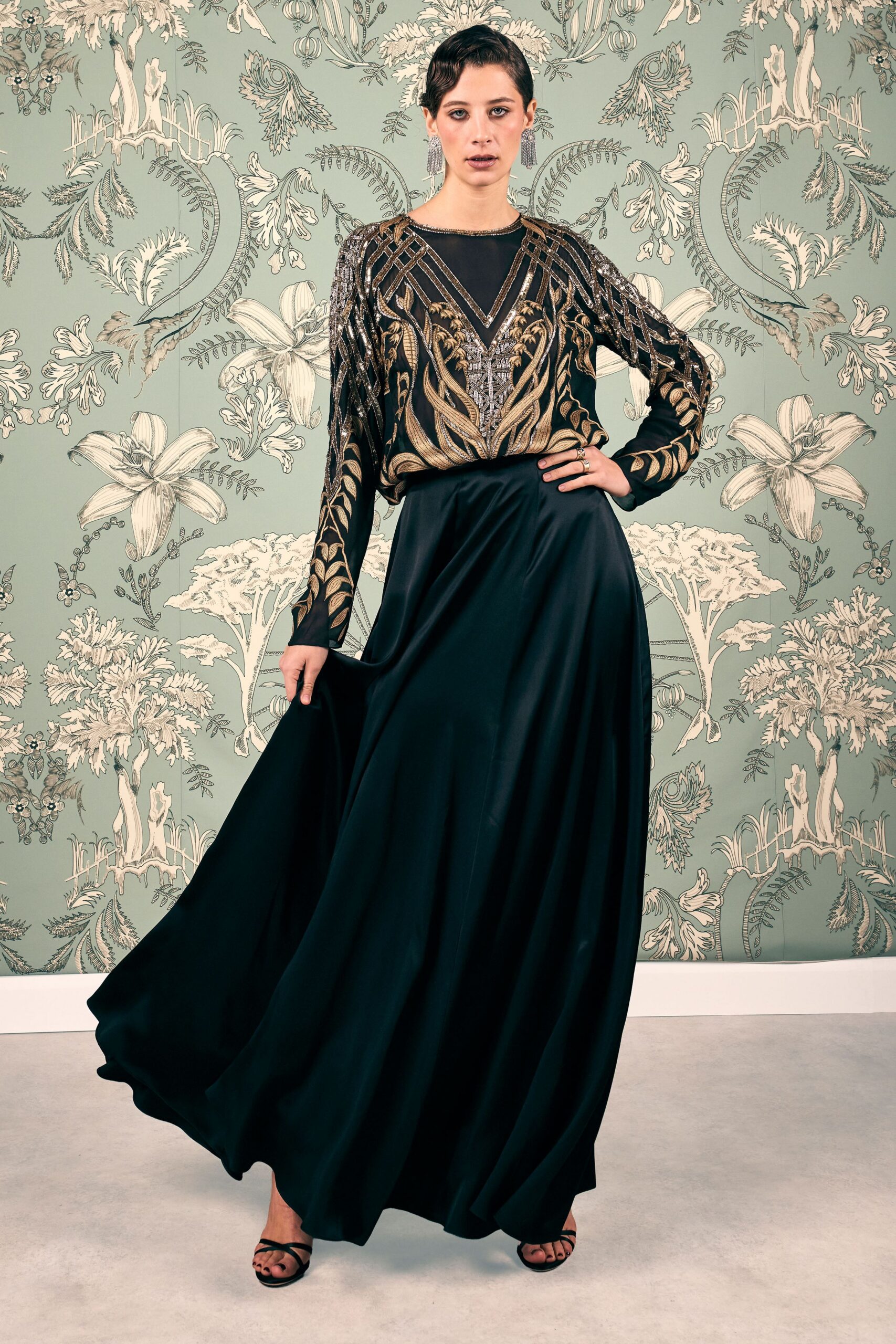 black silk embroidered gown
