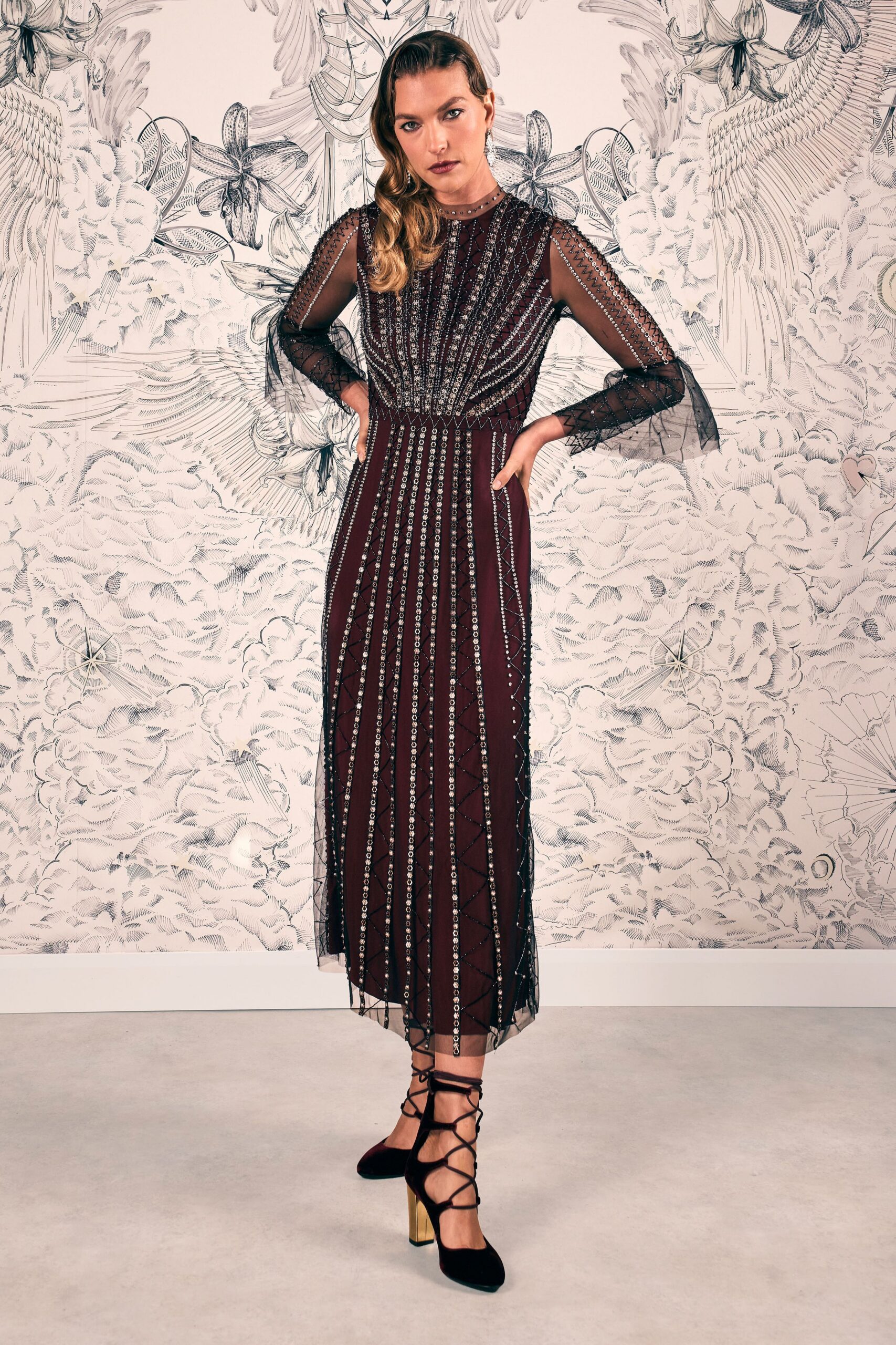 maroon embroidered midi dress with black shoes