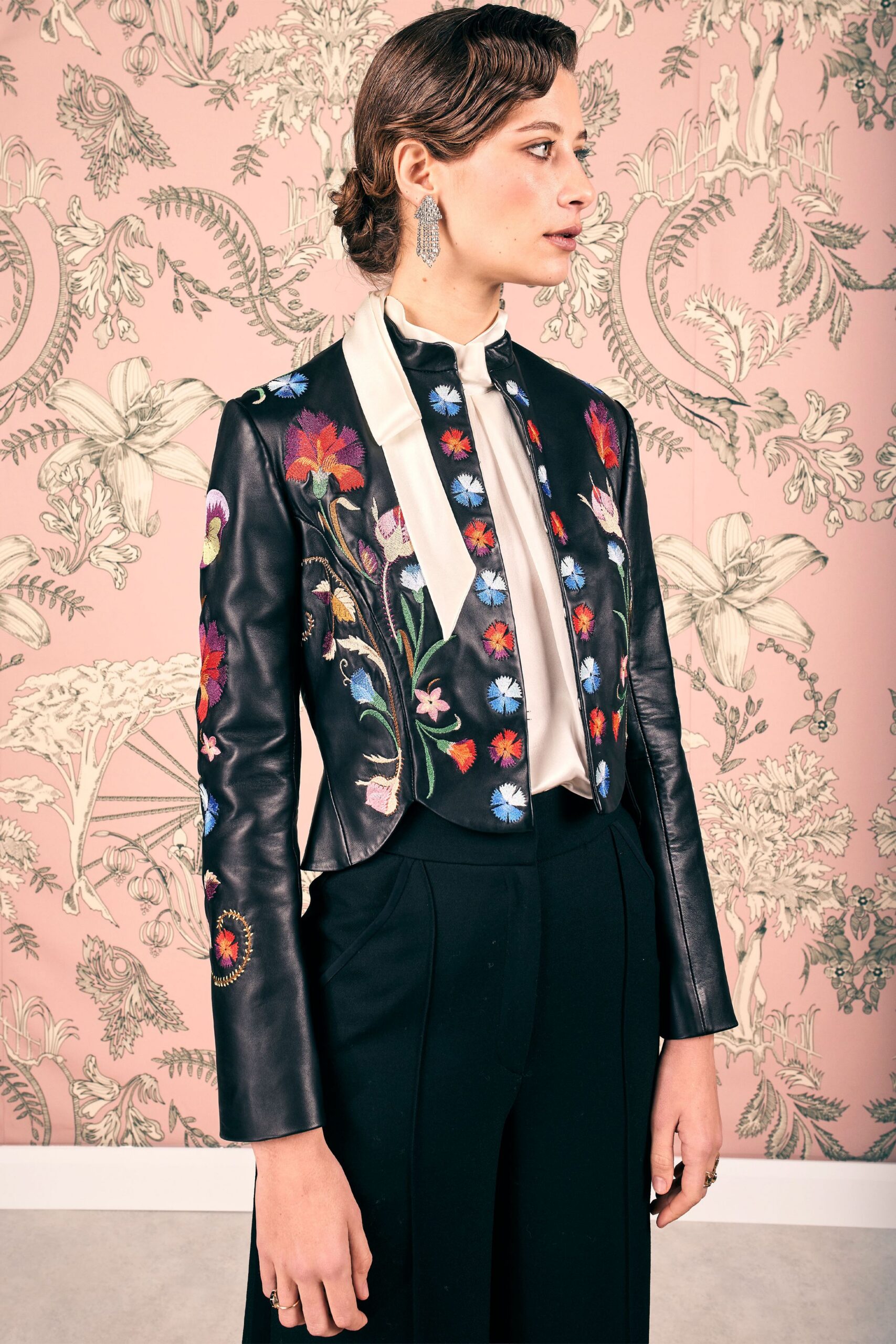 black embroidered leather jacket