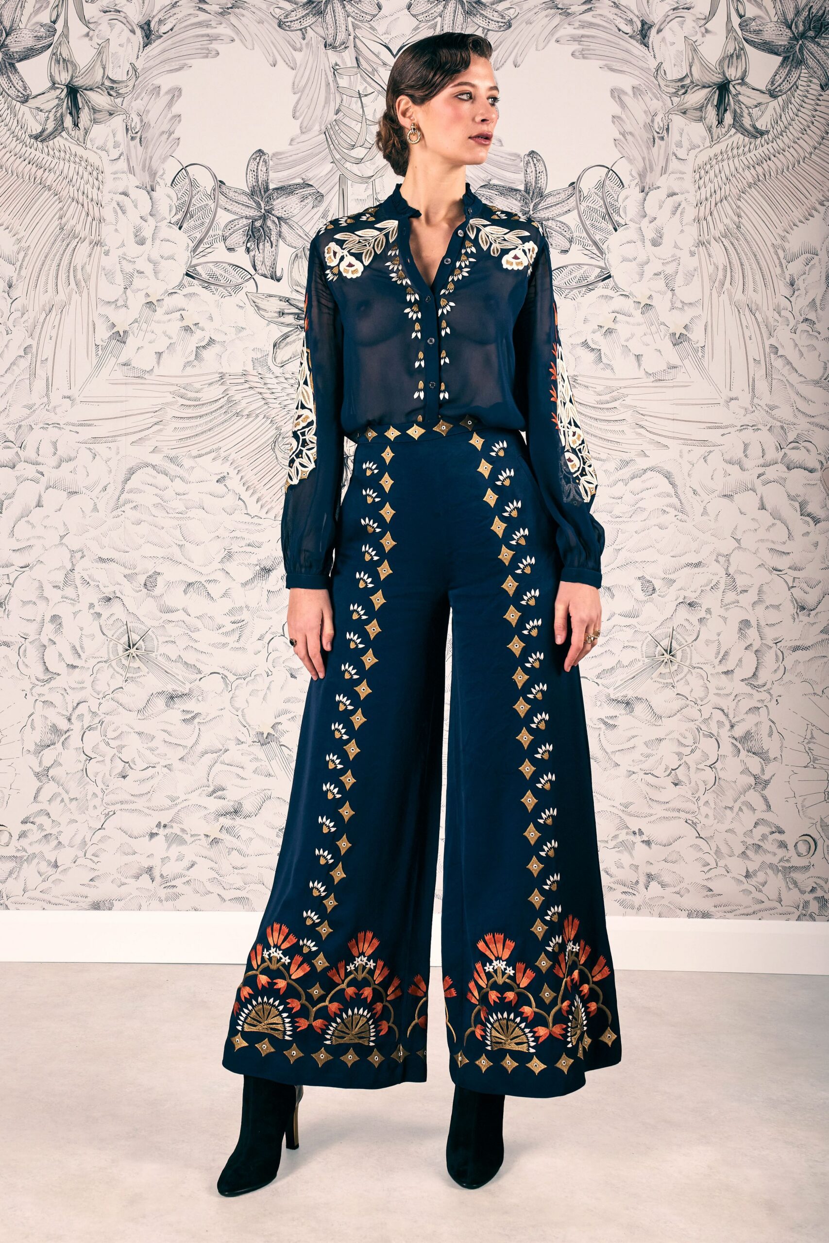 blue embroidered blouse and pants