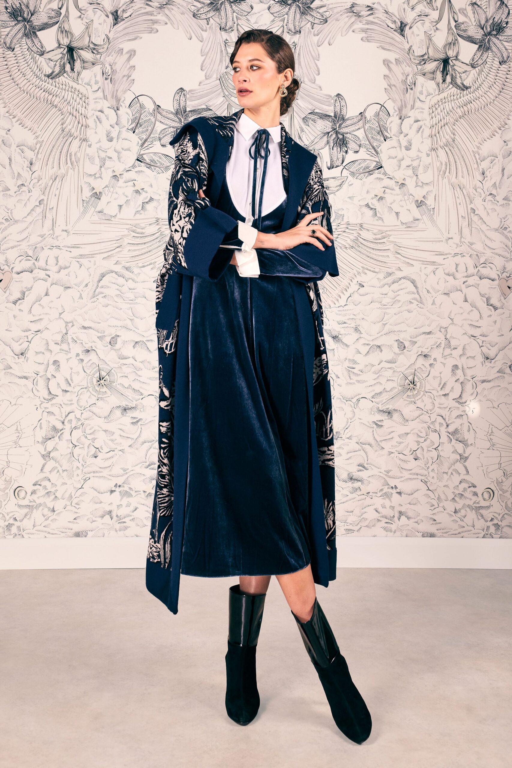blue velvet coat with white blouse