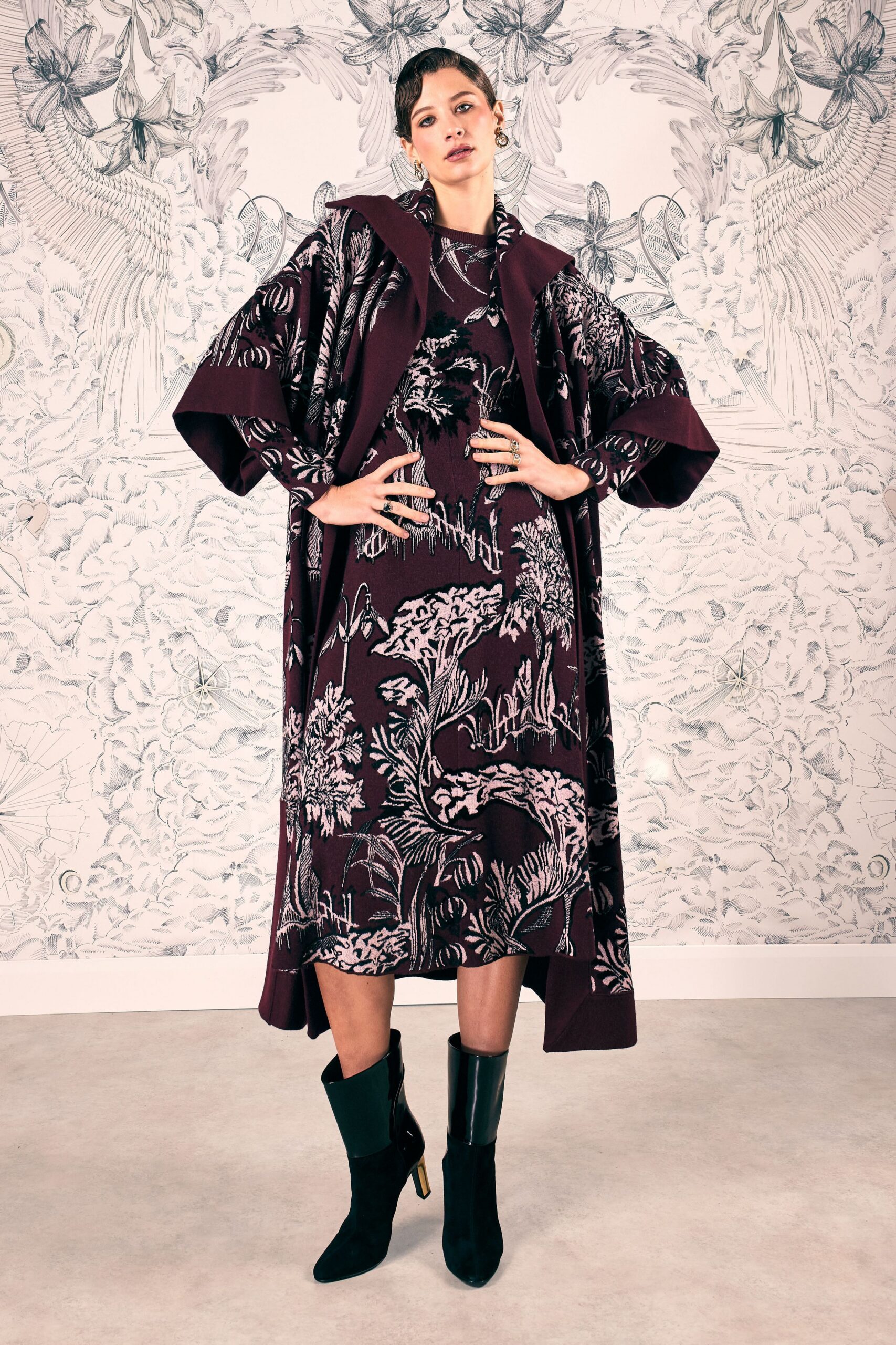 purple floral midi dress with coat