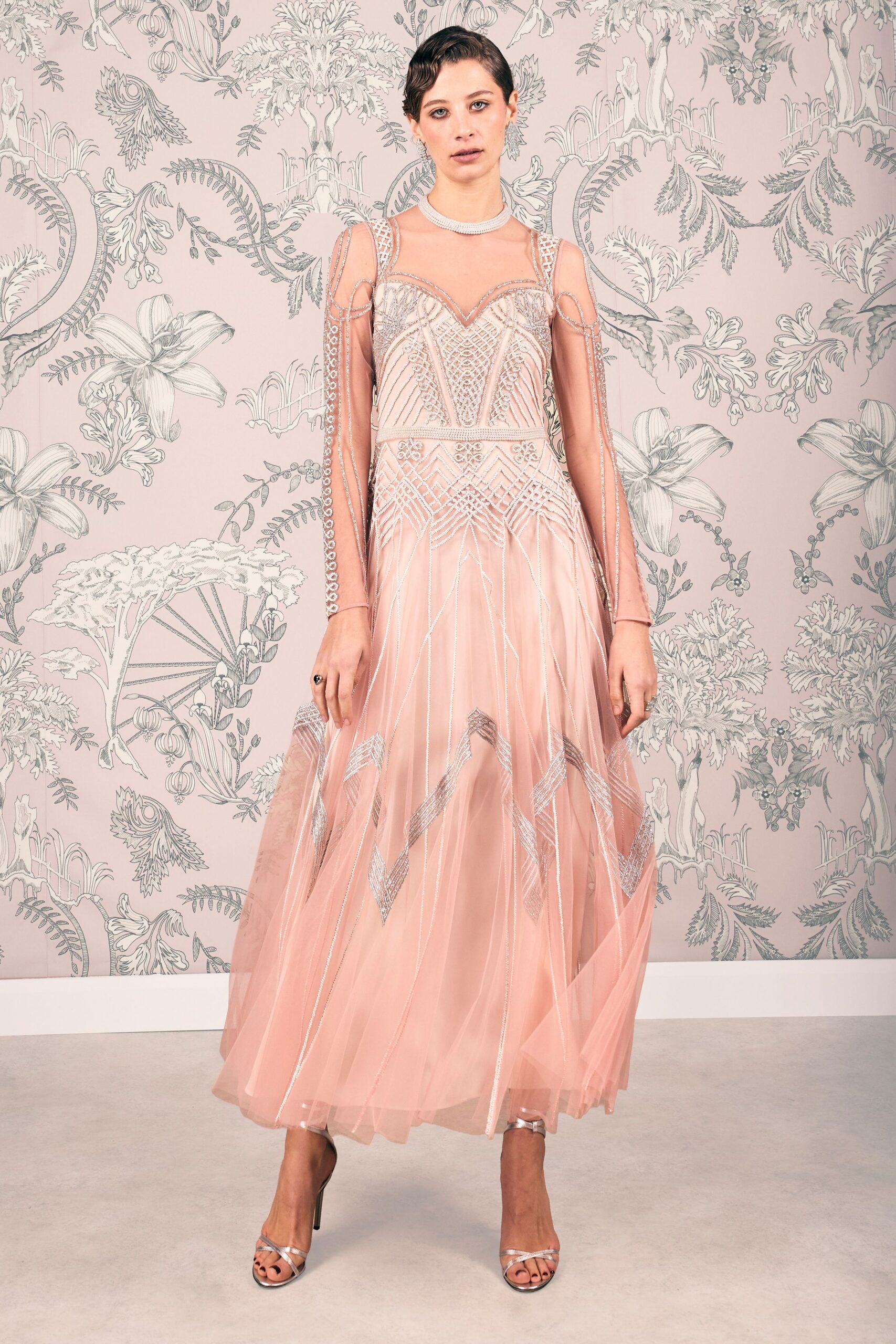 pink tulle long-sleeve gown
