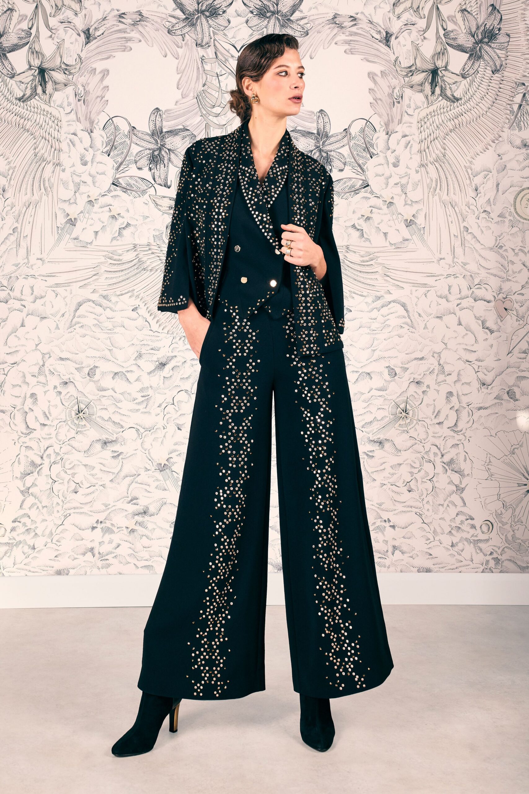 black embroidered suit with wide-leg pants