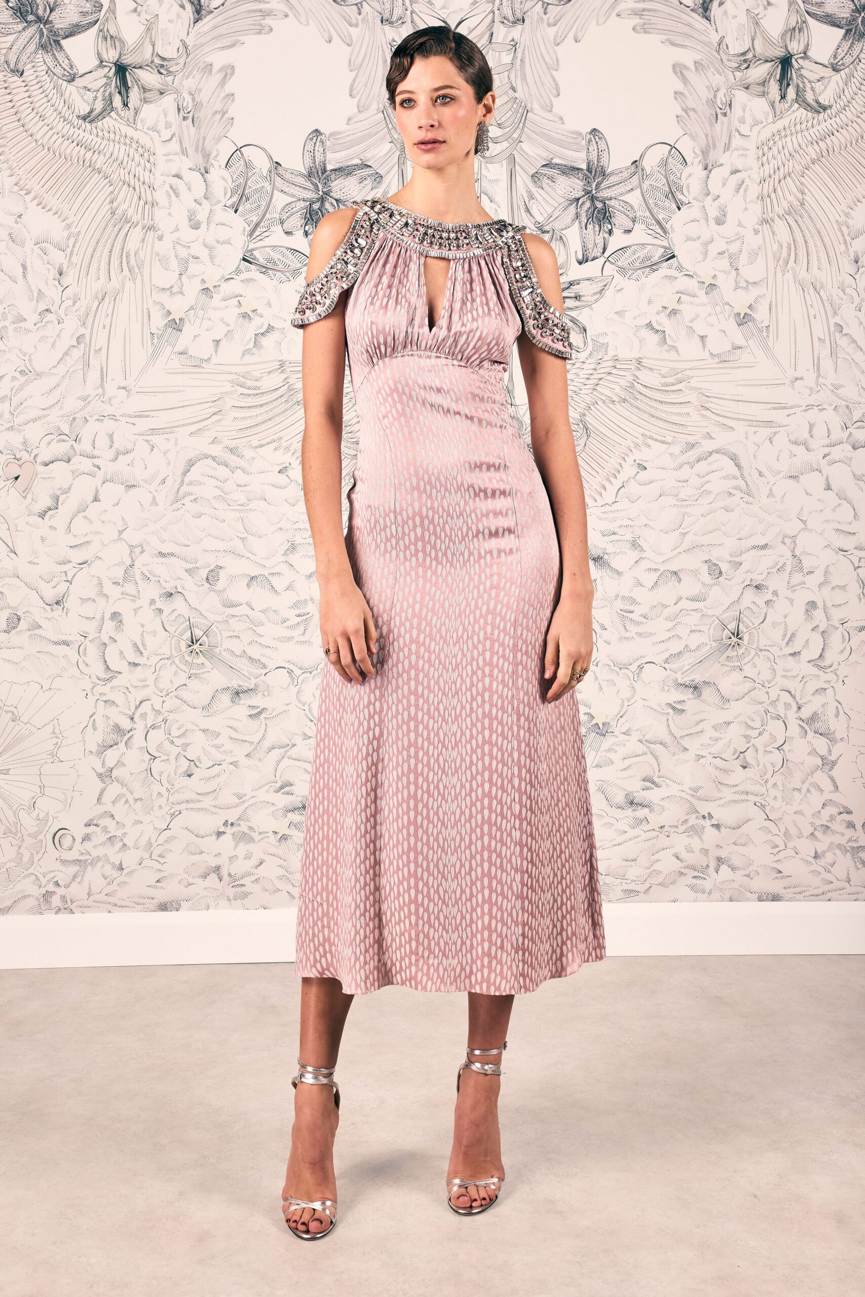 pink silk fitted midi dress
