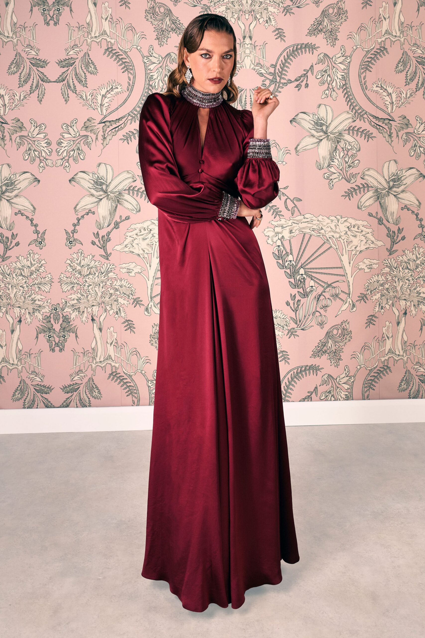 maroon silk long-sleeve gown