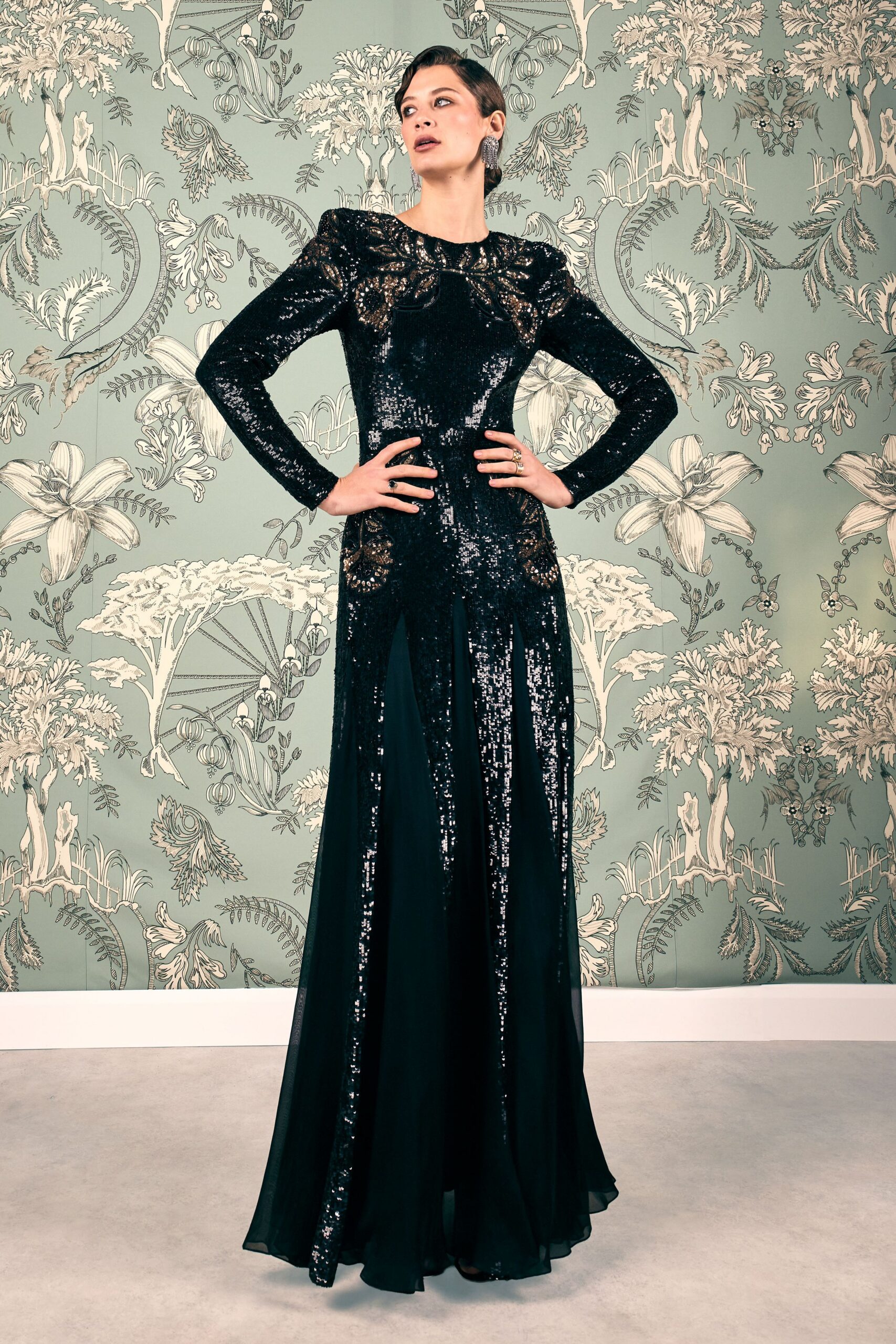 black sequin long-sleeve gown