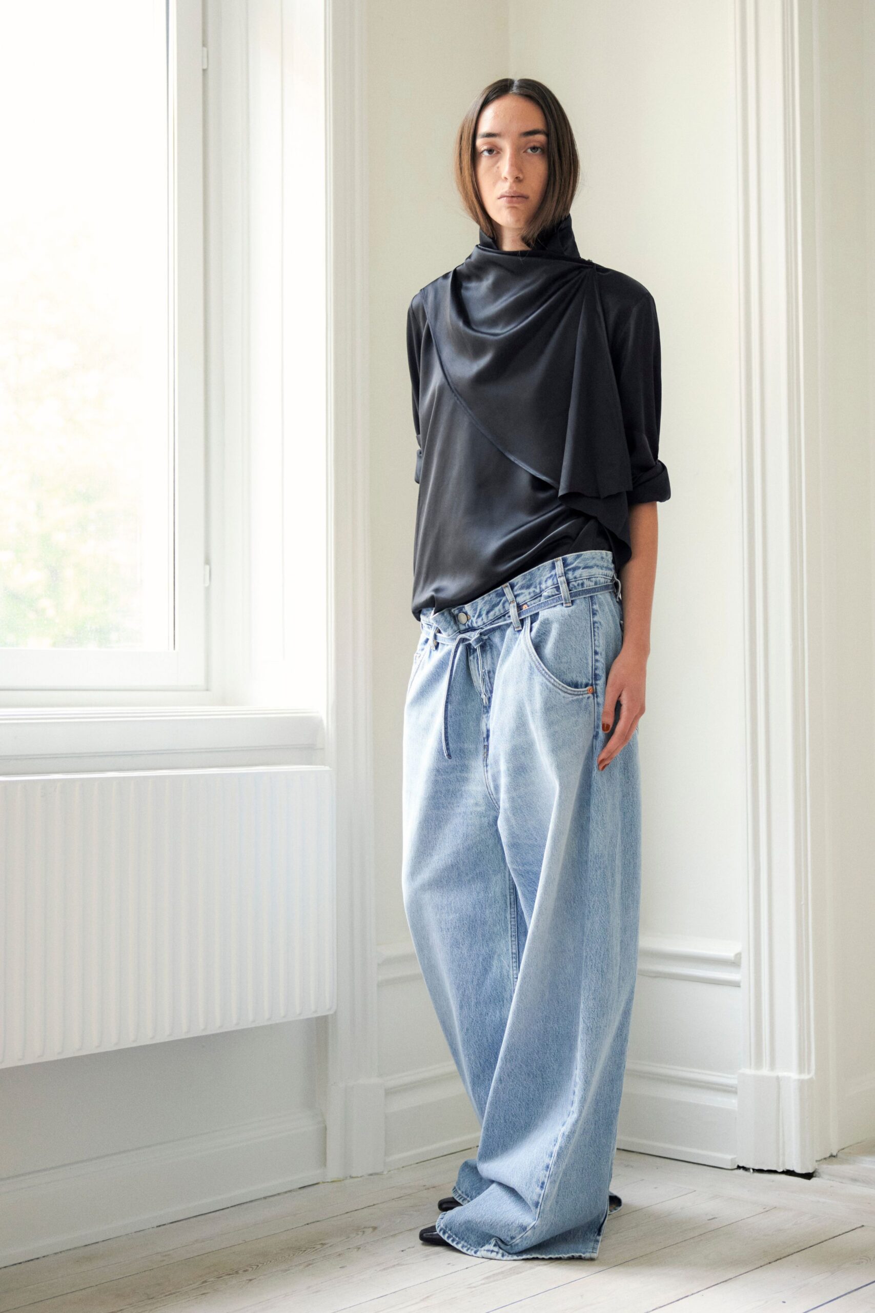 black silk short-sleeve high-neck relaxed draped top