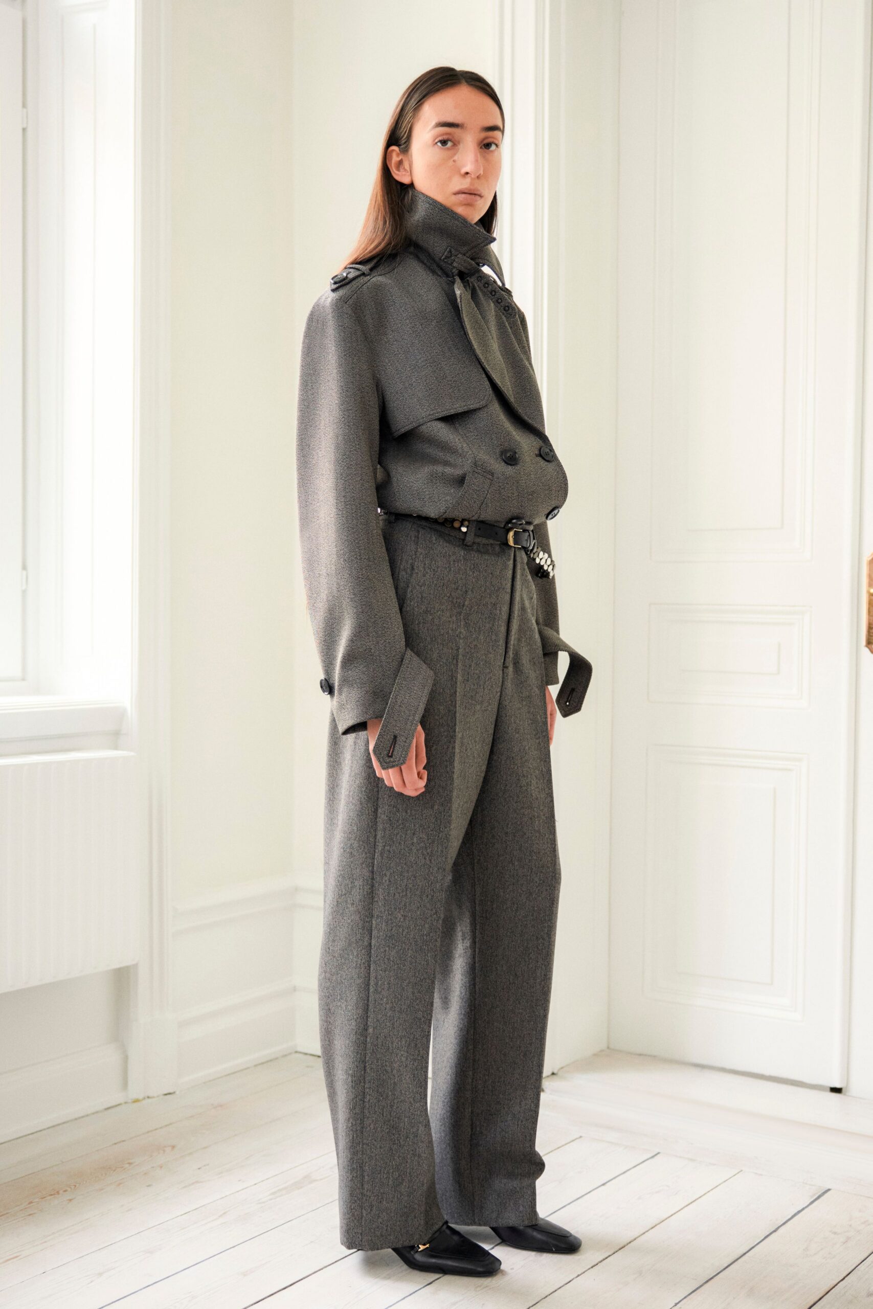 gray wool tailored high-waisted straight-leg pants